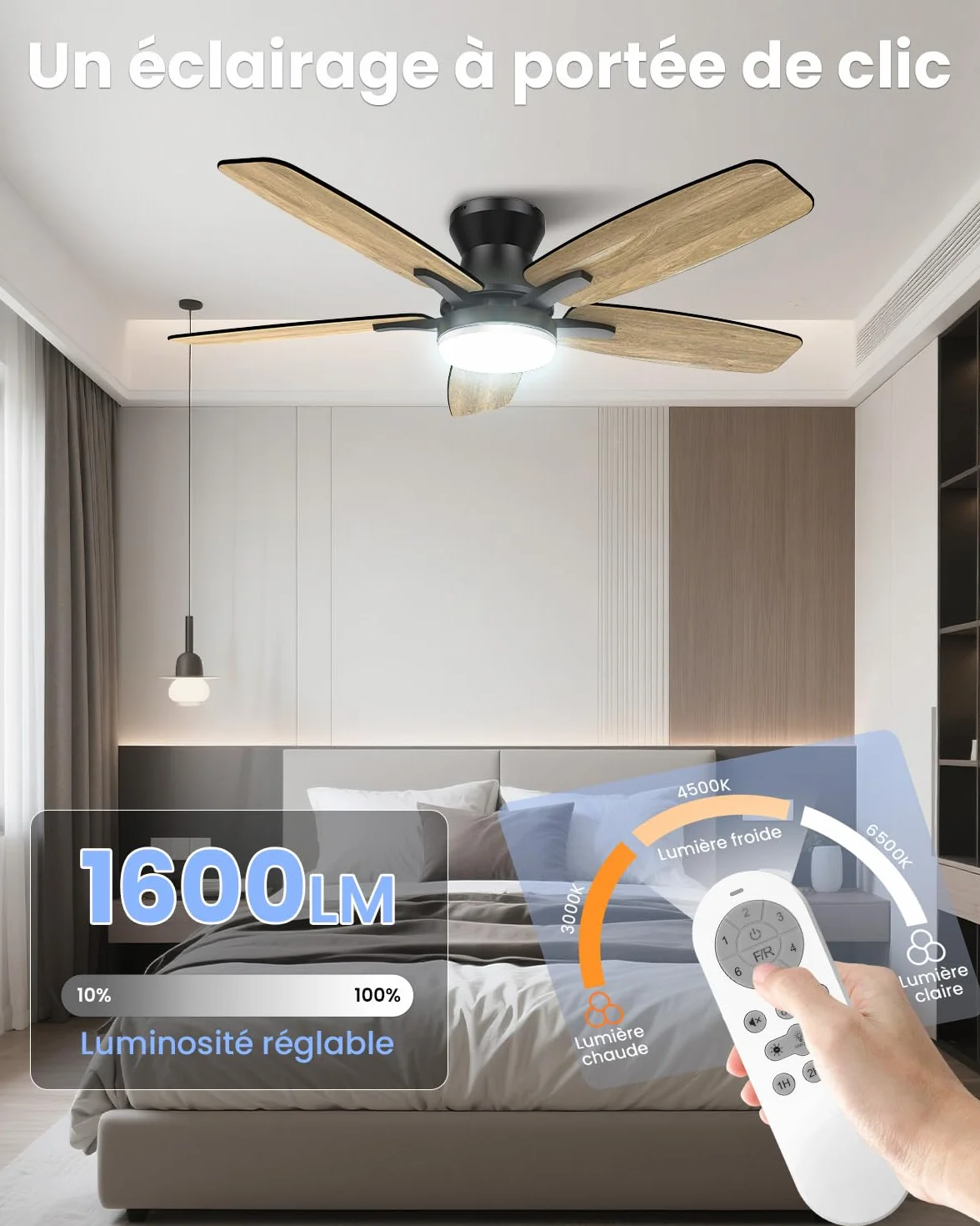 Airwit Ventilateur Plafond 106cm avec Lumiere Double Face Pale Silencieux LED Telecommande Reversible DC Moteur