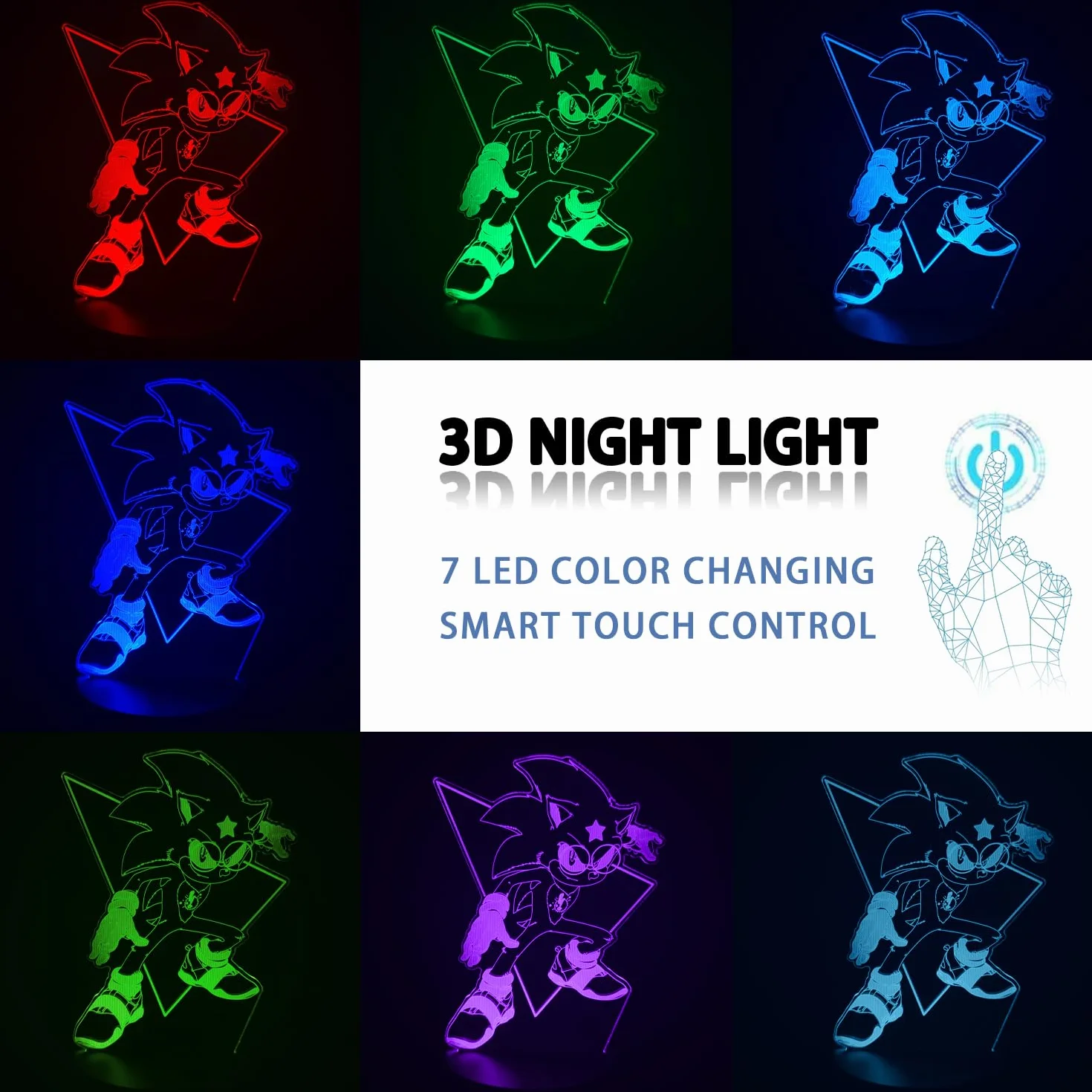 Sonic Hedgehog Lampe 3D Illusion Veilleuse 16 Couleurs Décoration Chambre Figurine Anime Cadeaux Enfants