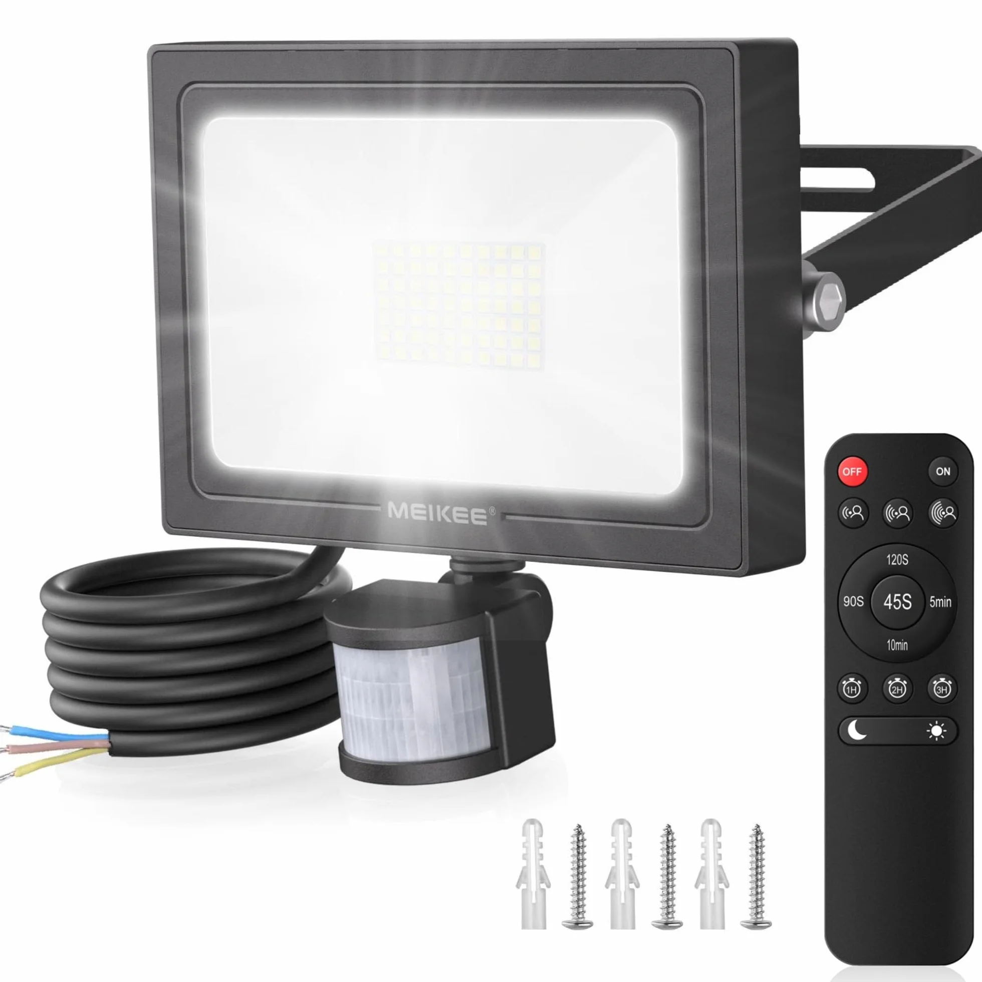 MEIKEE Projecteur LED Extérieur 60W 5640LM 6500K Blanc Froid Détecteur de Mouvement IP66 Étanche Télécommande 4 Modes