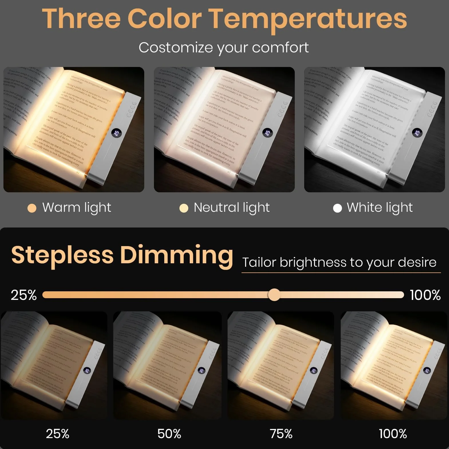 Lampe de lecture intelligente LED rechargeable 3 couleurs pour livres au lit voiture