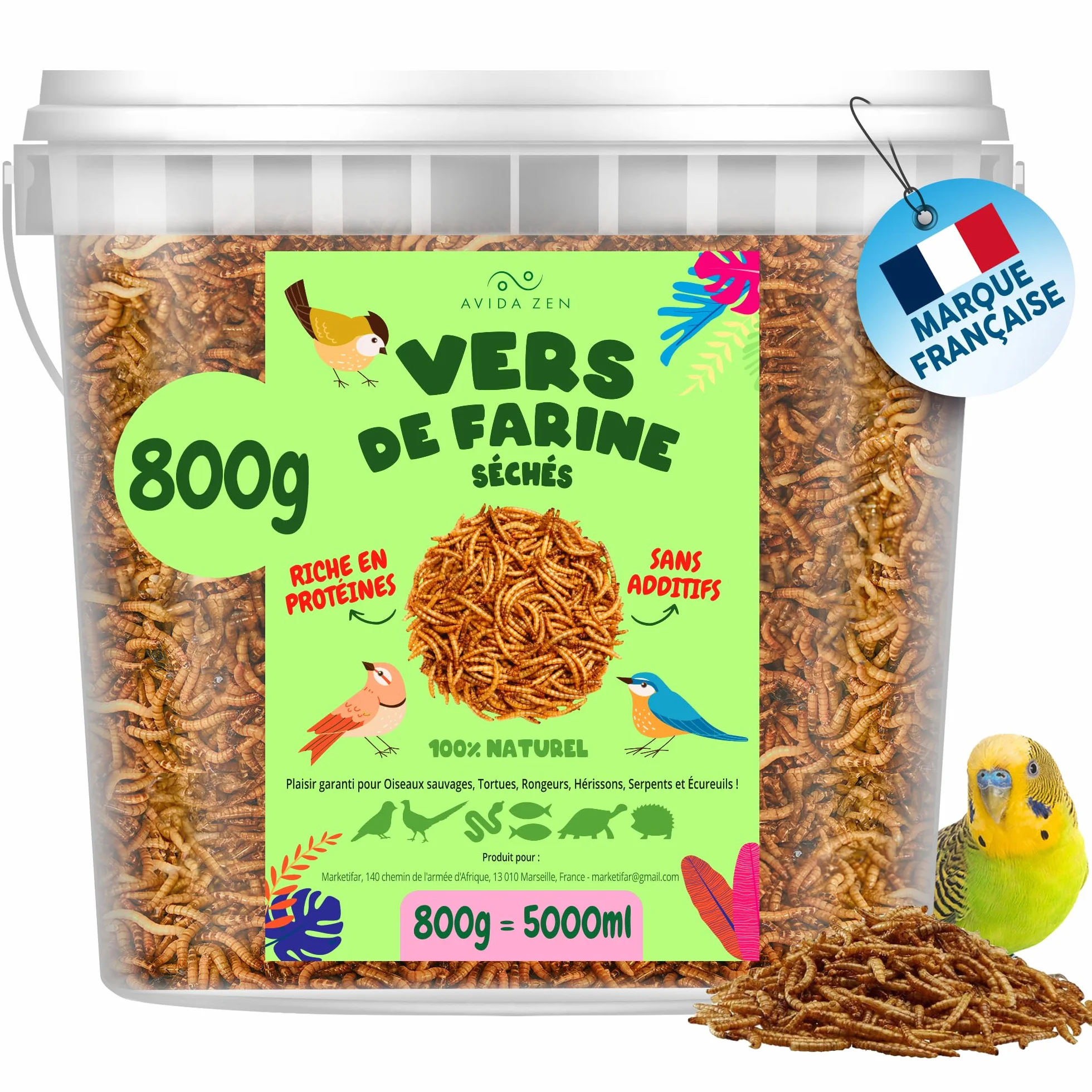 AVIDA ZEN Vers de Farine Séchés 800g - Friandises Naturelles pour Poissons, Oiseaux, Tortues, Rongeurs et Reptiles