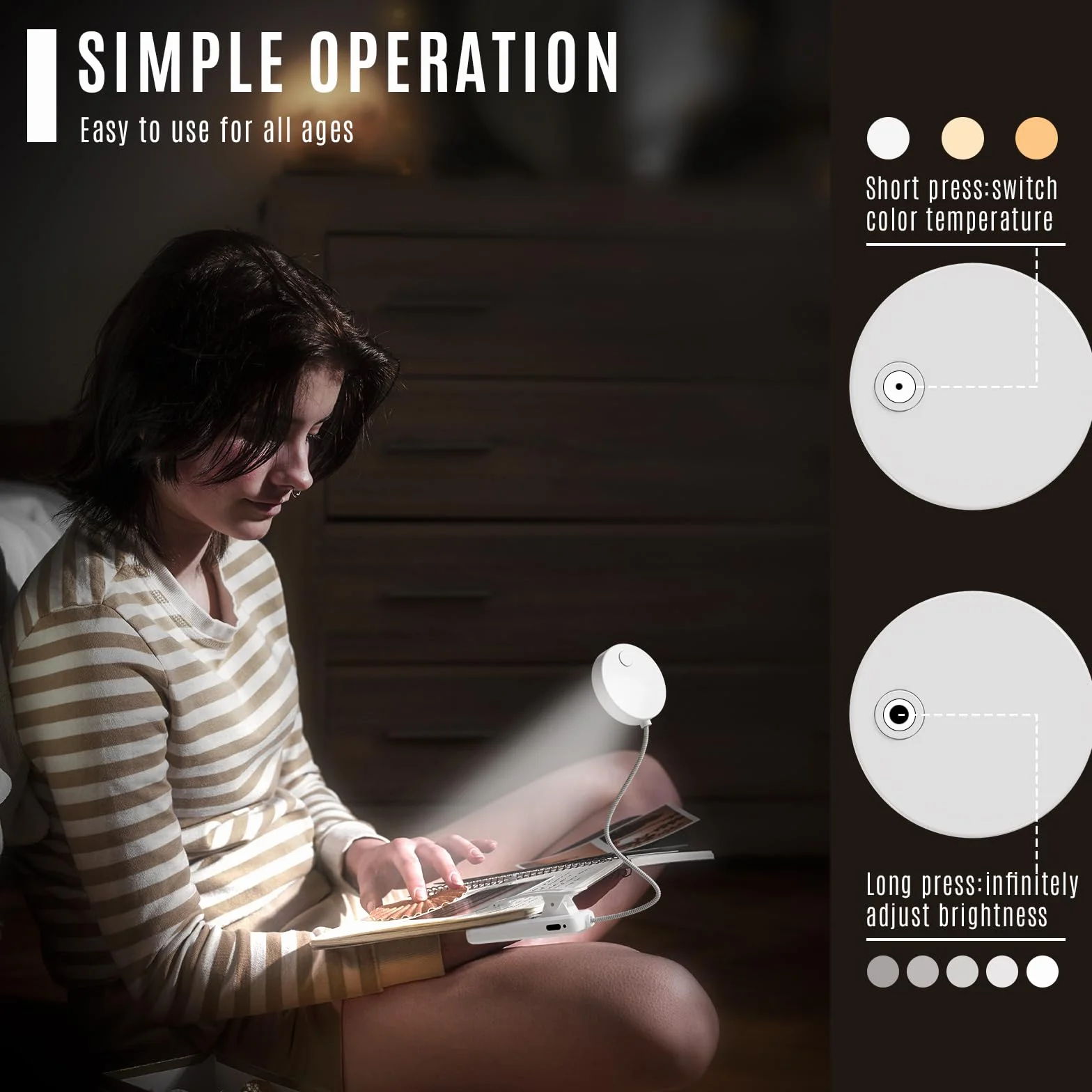 Lampe de Lecture 31 LED, Liseuse Lampe Clip Rechargeable, Protection des Yeux, 3 Températures de Couleur, Gradation Continue, Angle Flexible 360°