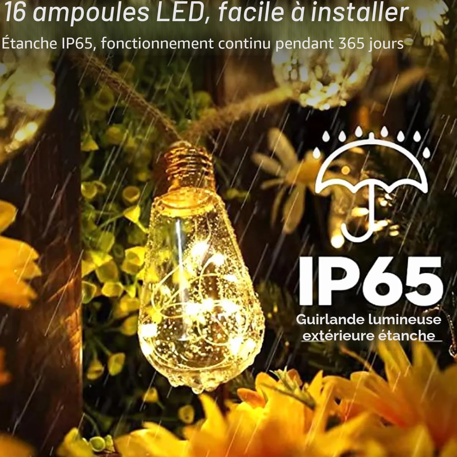 Guirlande Lumineuse Extérieure Solaire Guinguette 16 Ampoules 8M Étanche IP65 8 Modes d'Éclairage Blanc Chaud