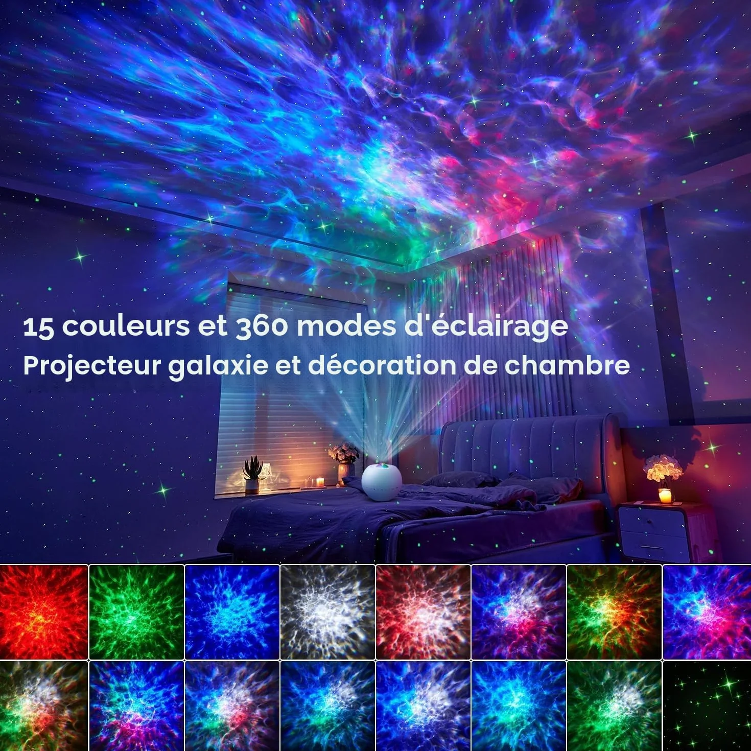 Projecteur Ciel Etoile Veilleuse Enfant 15 Couleurs LED Bluetooth Bruit Blanc Lumière Décoration Chambre