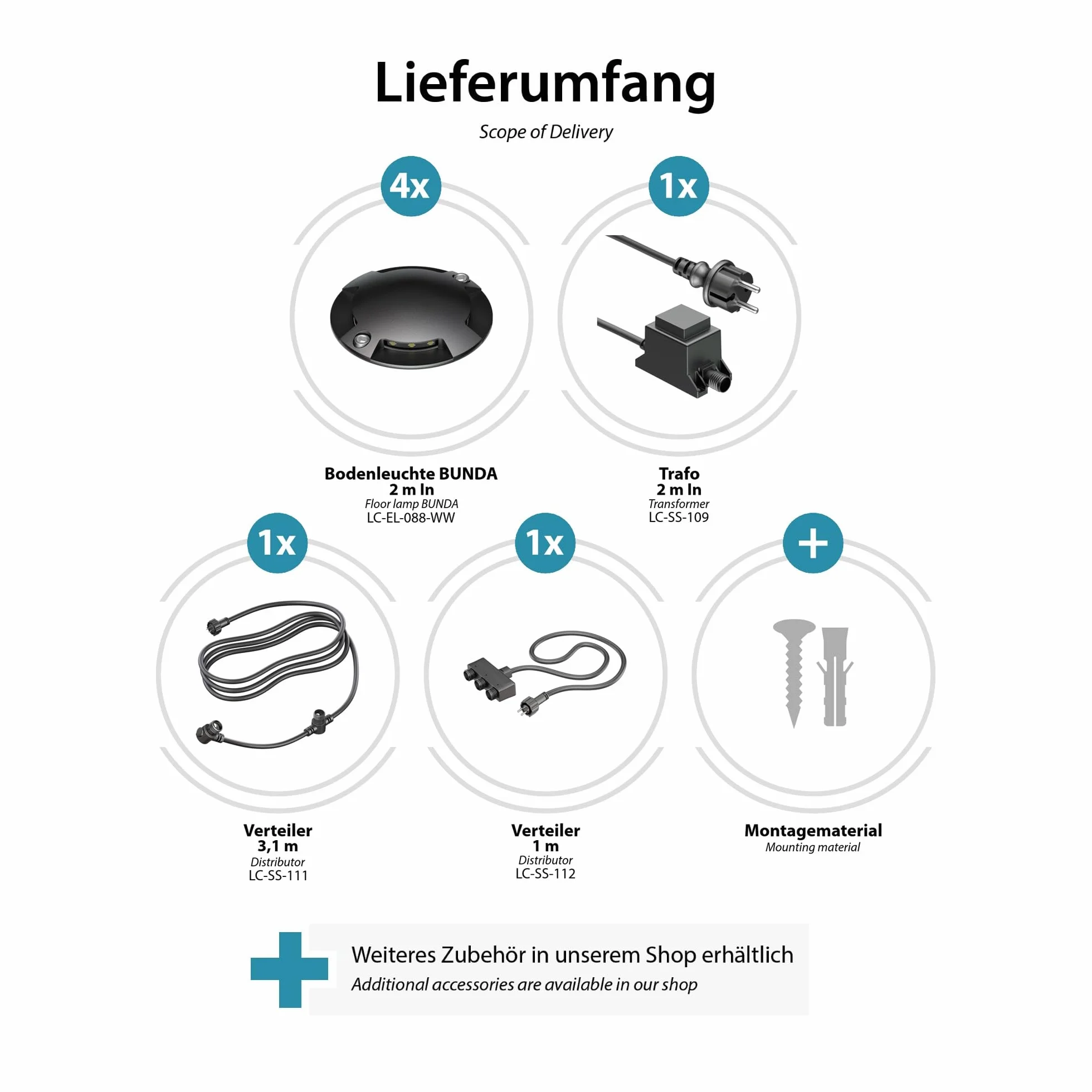 Lampe LED de sol en saillie Bunda ledscom.de 4 flammes extérieur noir carrossable blanc chaud 4 pièces