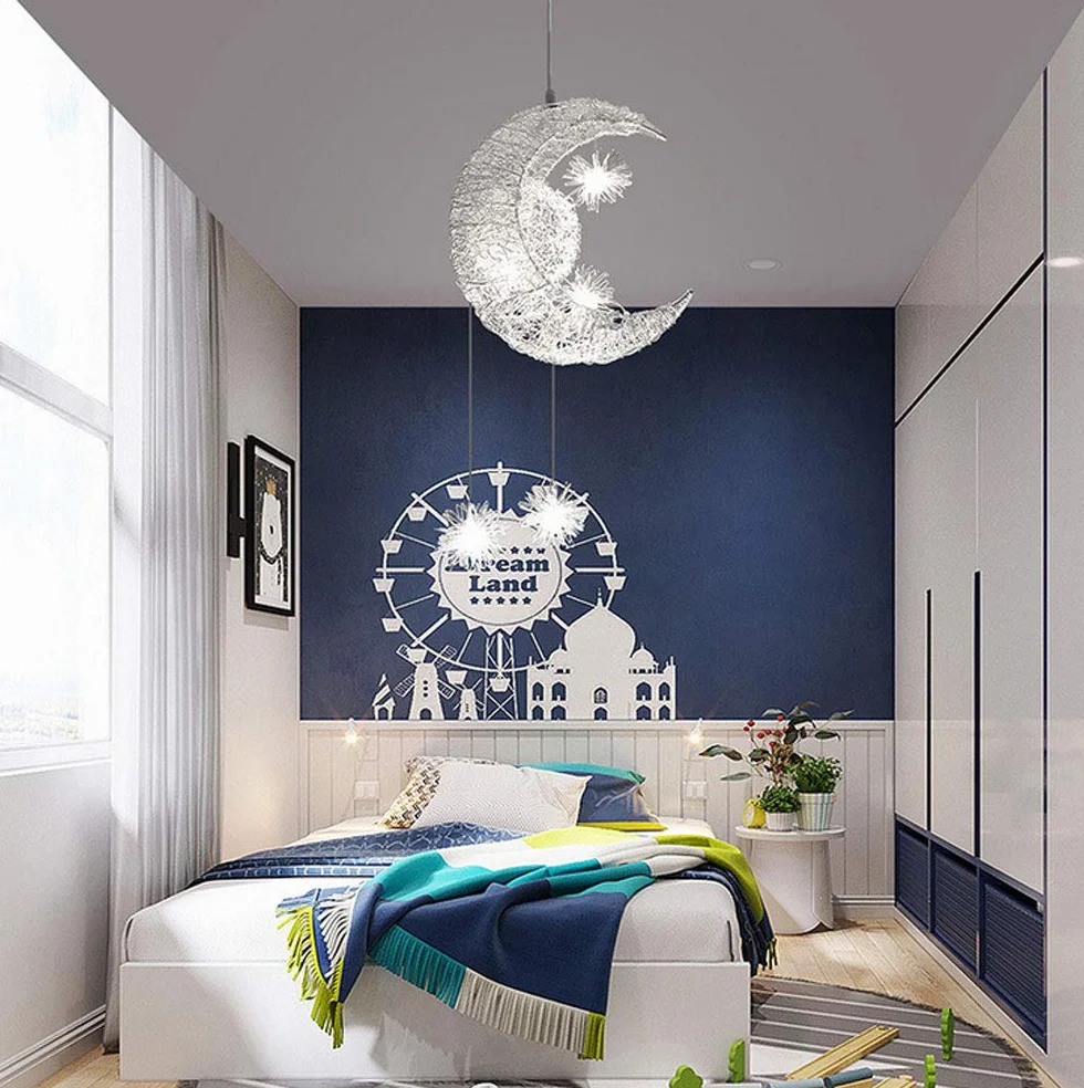 Lustre Suspension Lune étoiles LED Plafonnier Luminaire Aluminium 5 Ampoules Enfants Chambre