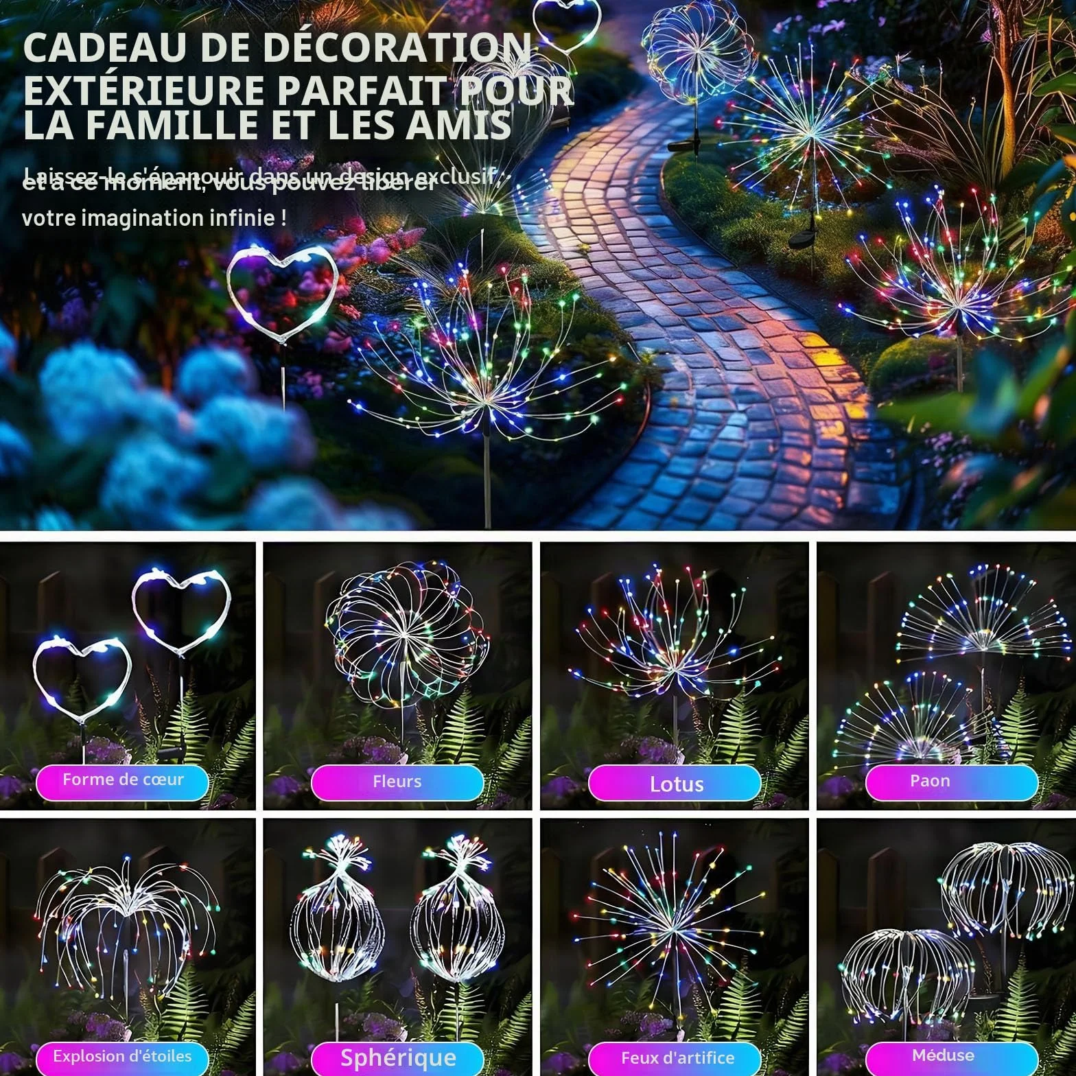 Lampes Solaires Extérieures 200 LED 8 Modes IP65 Acier Inoxydable 51in 2/3 Tiges Réglables Lot de 2