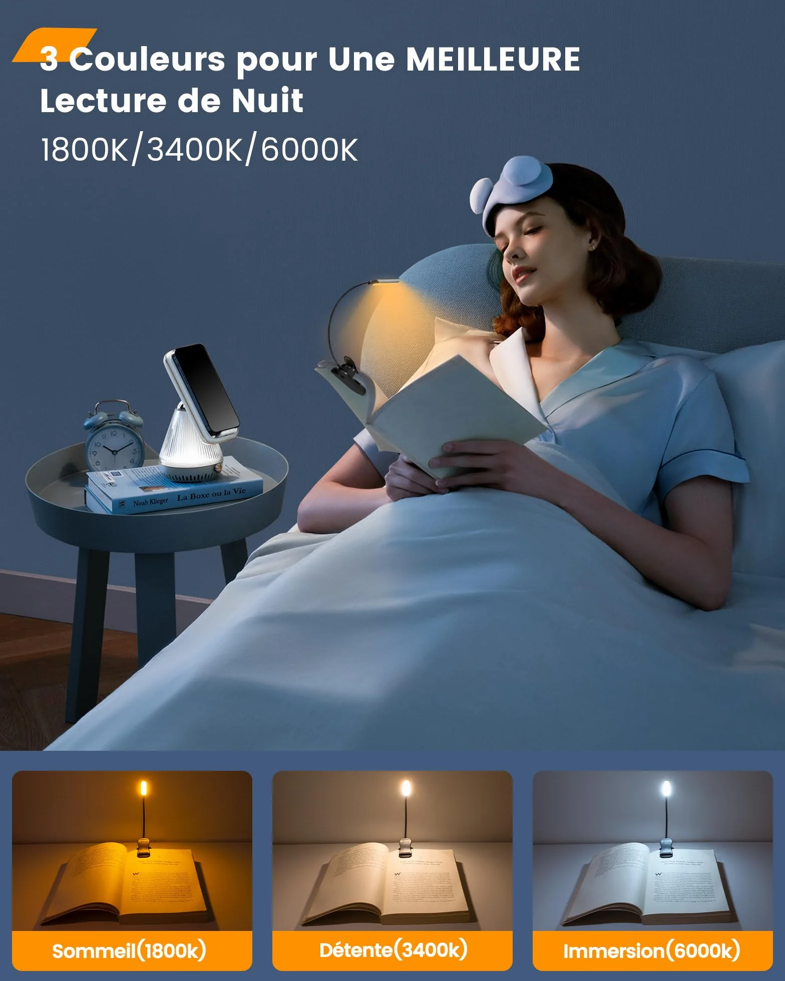 Glocusent Lampe Livre 10 LED, Lampe de Lecture Rechargeable, 3 Couleurs & 3 Intensités, Autonomie 80h
