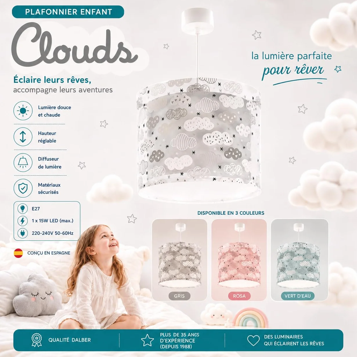 Dalber Lampe Suspension Plafonnier Enfants Nuages Vert E14
