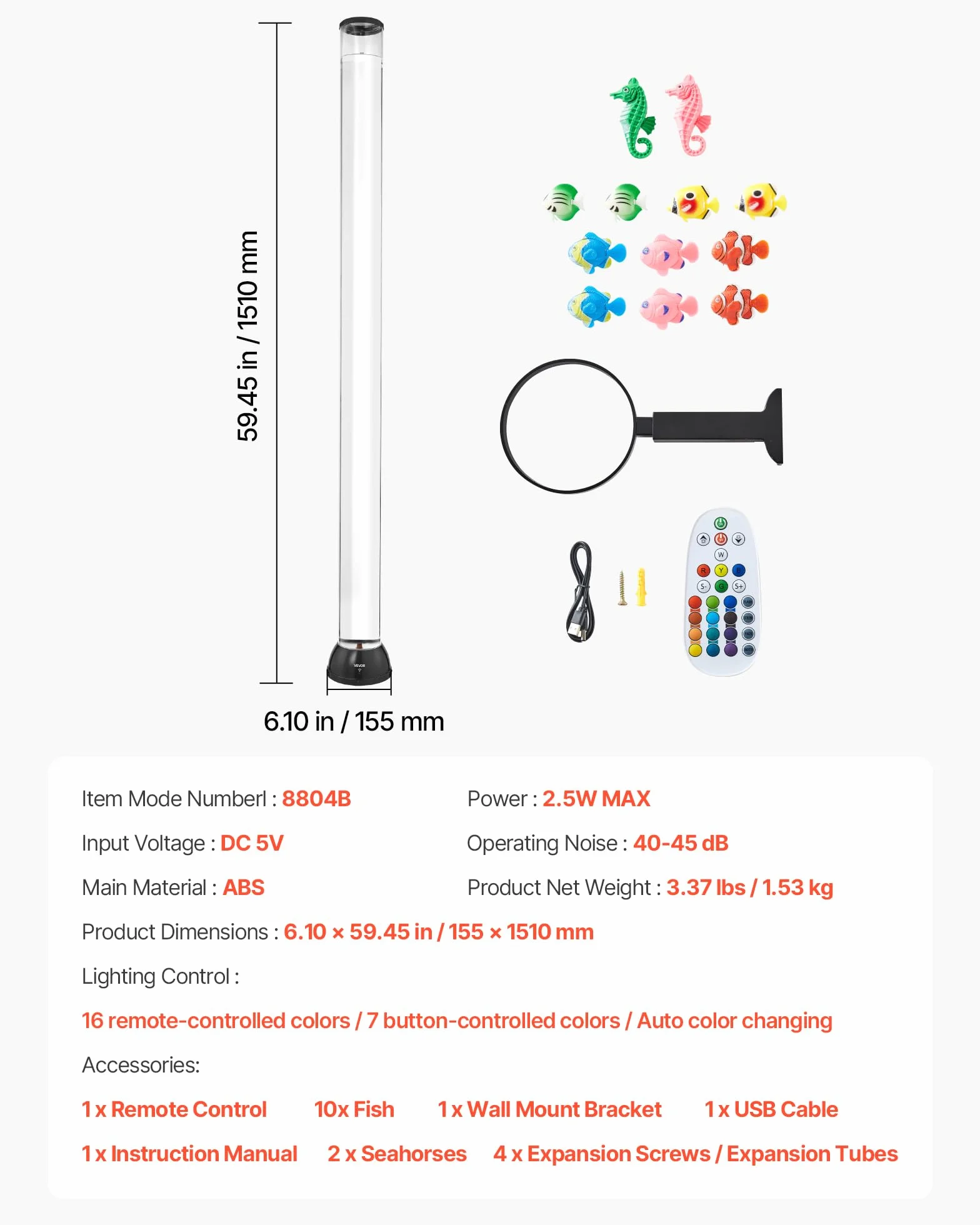 VEVOR Lampe à Bulles 151 cm 10 Poissons Flottants 16 Effets Lumières Télécommande