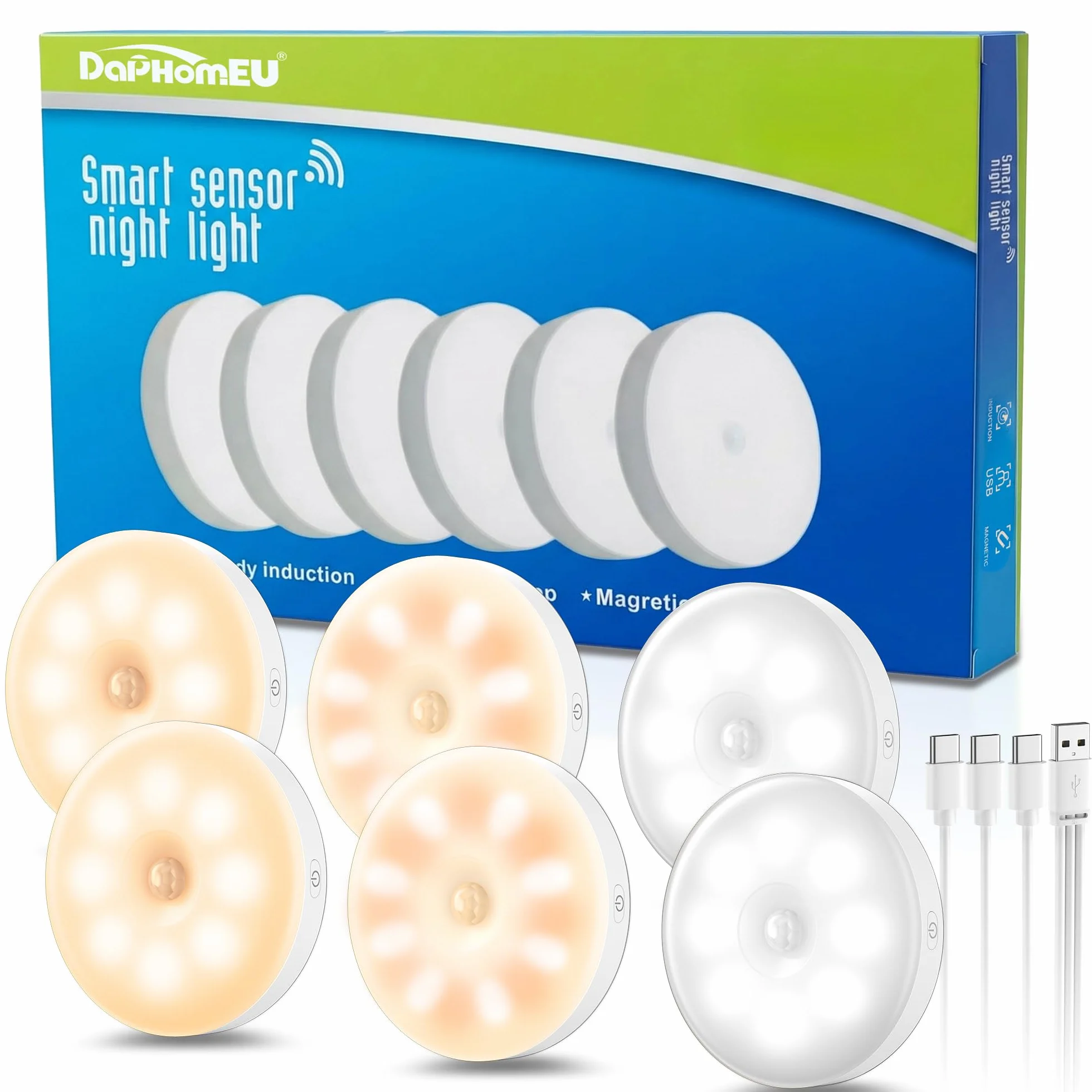 daphomeu 6Pcs Lampe Détecteur de Mouvement Intérieur, Veilleuse pour Couloir Cuisine Escalier Chambre Armoire