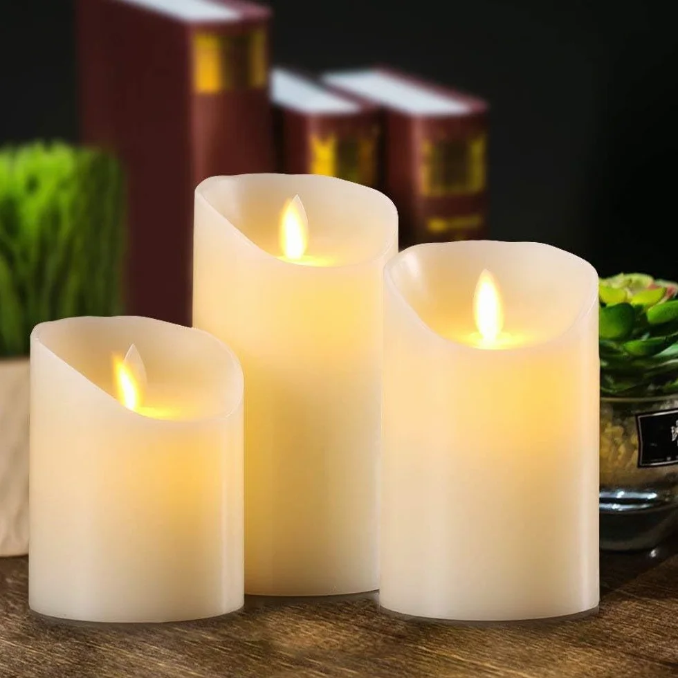 Bougies LED Lot de 3 sans flamme en cire véritable avec mèche mobile télécommande Minuterie 24h 8,3x10/12,7/15,2 cm