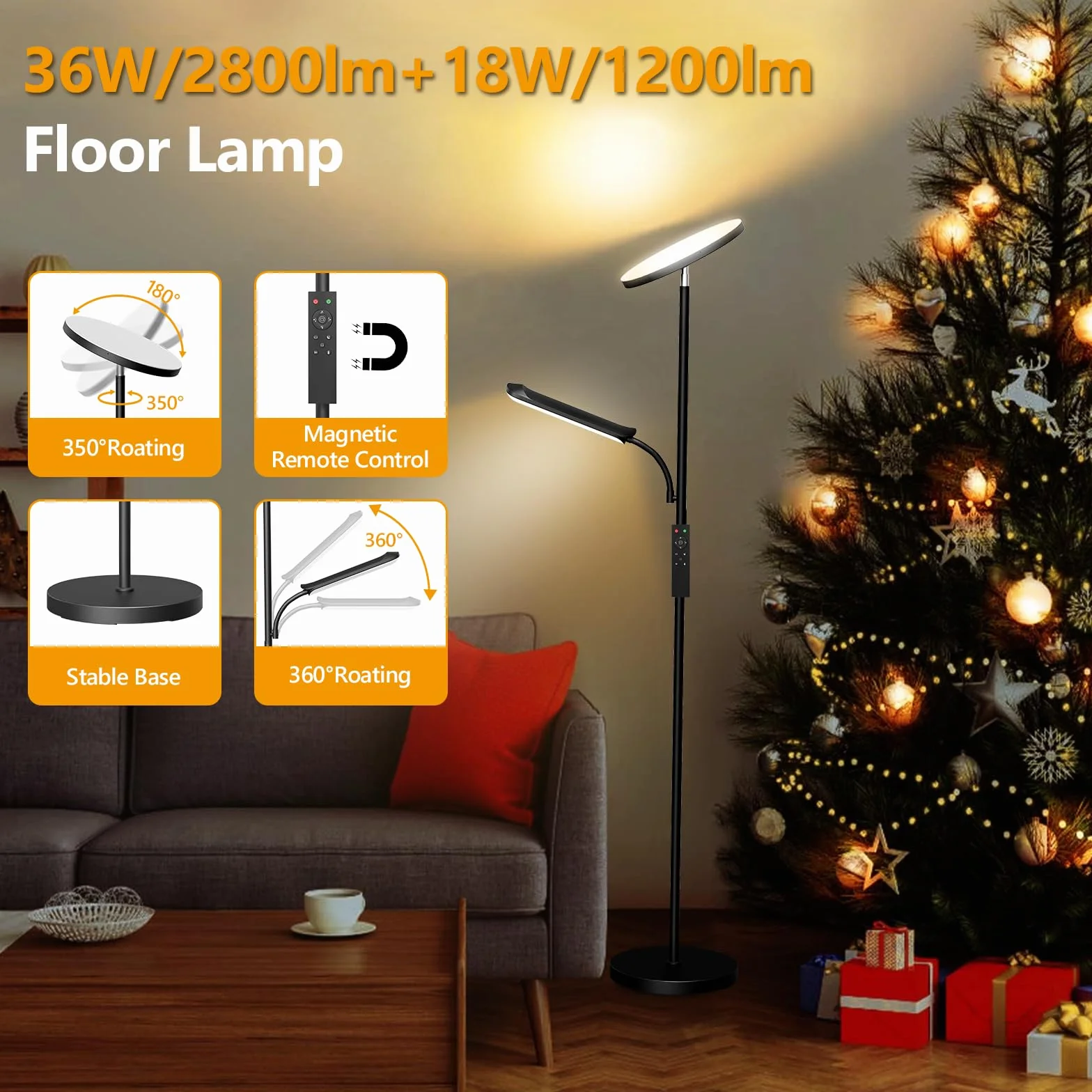 42W LED Lampadaire Dimmable 4000LM Super Lumineux Pied Salon avec Liseuse 2700K-6500K Télécommande Contrôle Tactile