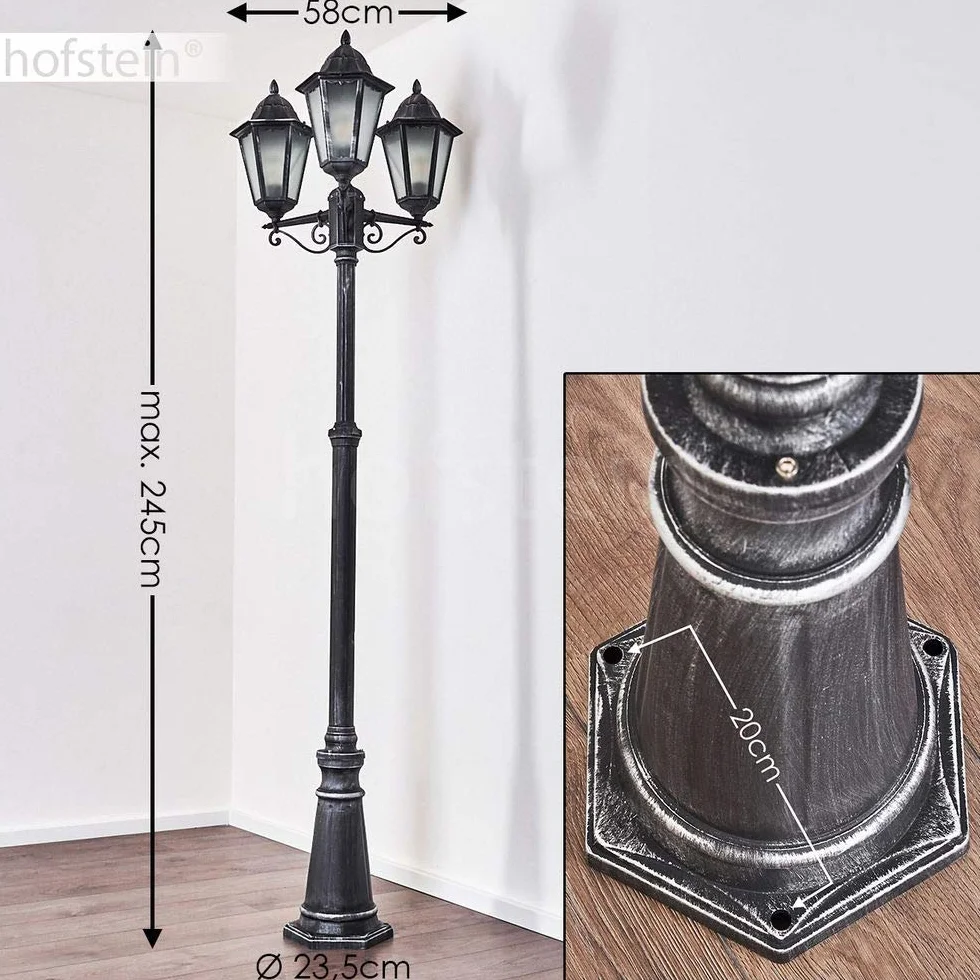 Réverbère Lignac lampadaire vintage aluminium moulé noir argenté verre dépoli 245 cm 3 lanternes E27 IP44