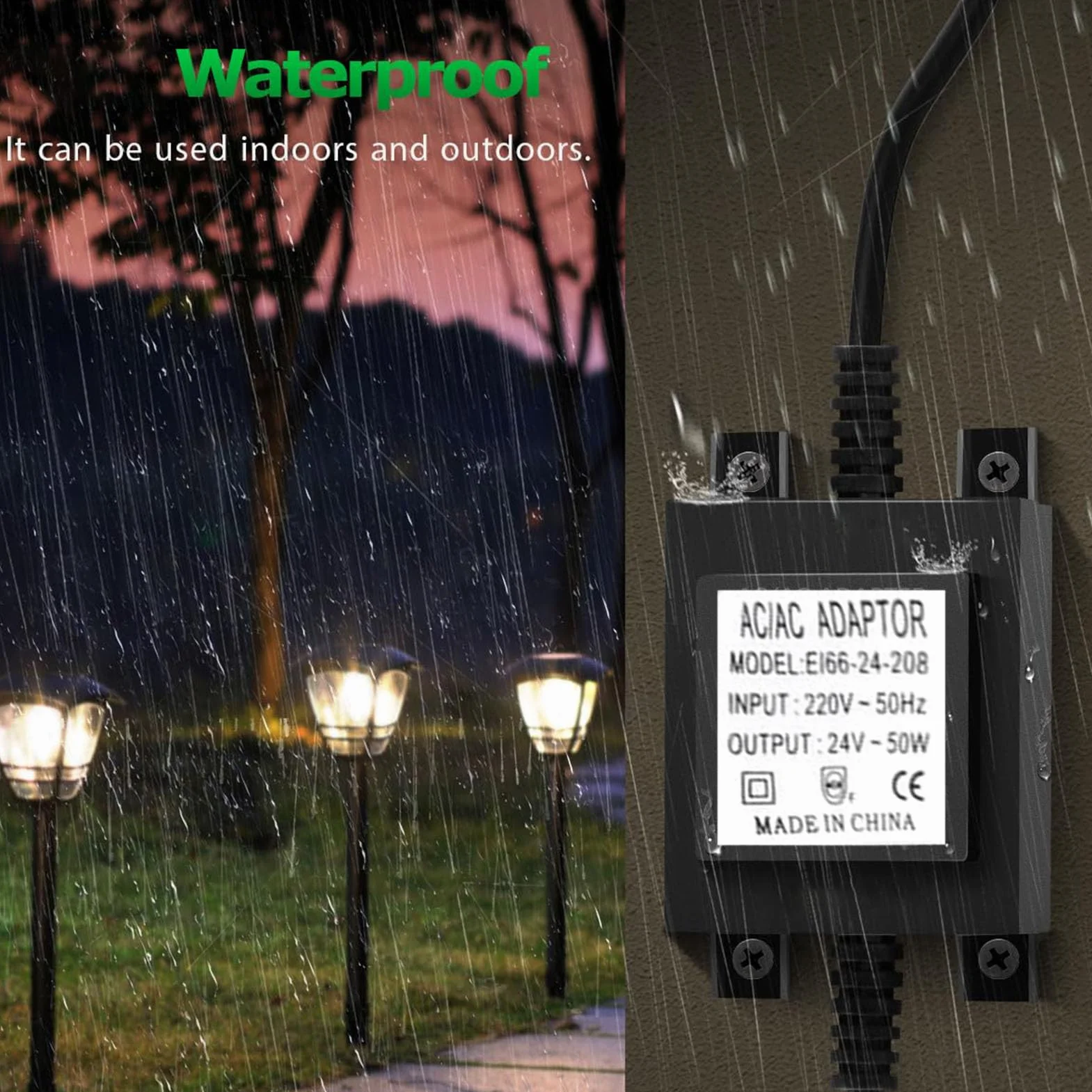 Transformateur 24 V AC/AC 50 W IP68 extérieur enfichable, alimentation LED 220 V 24 V