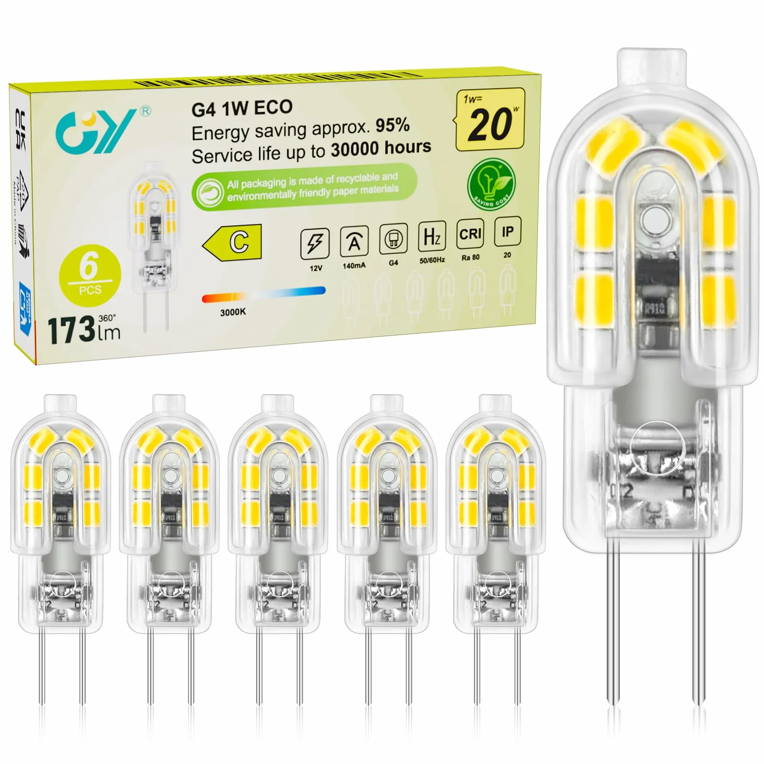GY Ampoule G4 LED 1W Équivalent 20W 173LM Blanc Chaud 3000K 12V AC/DC Non-Dimmable Lot de 6