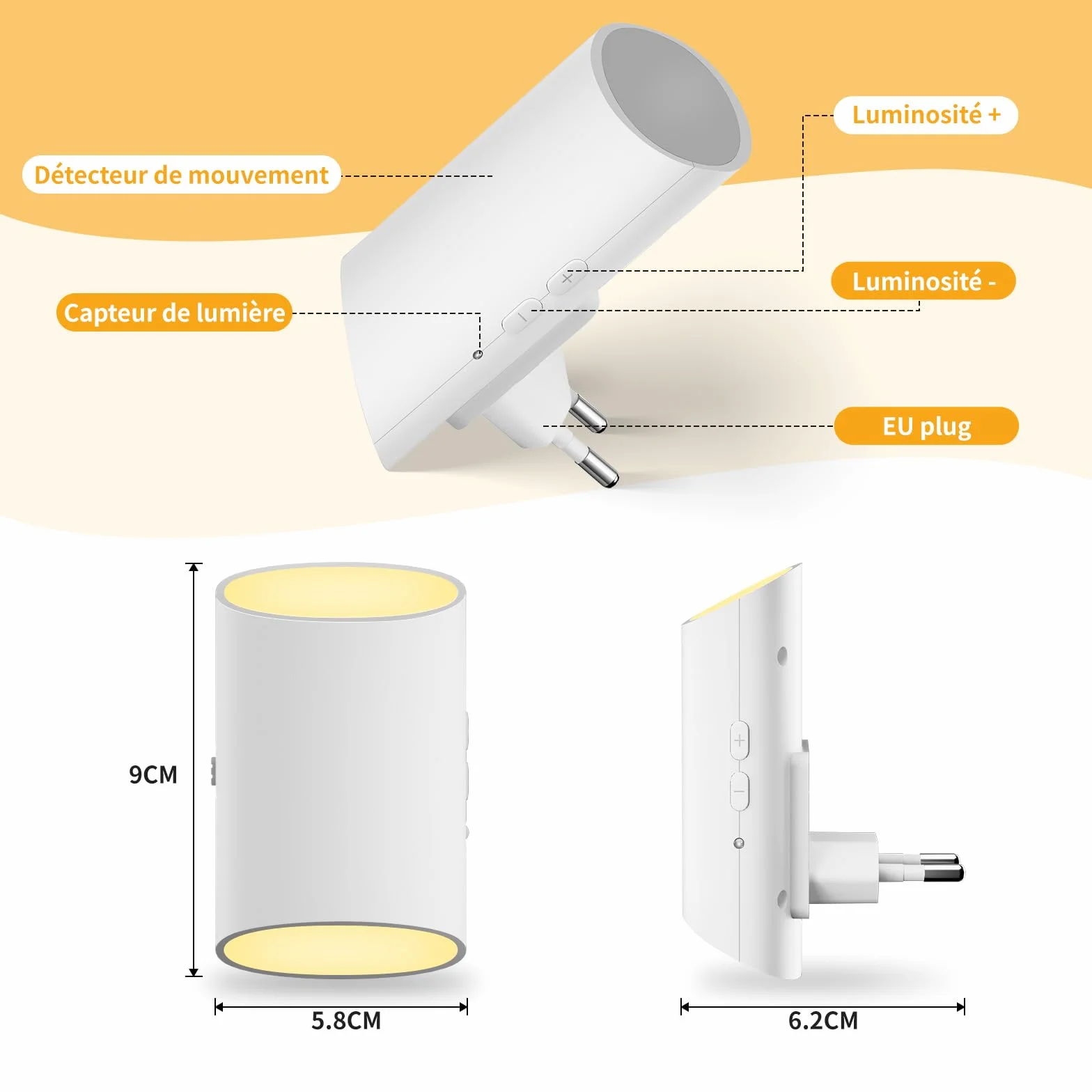 Veilleuse Enfant 2 Pcs Prise Electrique Détecteur Mouvement Capteur Lumière Blanche Chaude Intensité Variable 1-100 lm