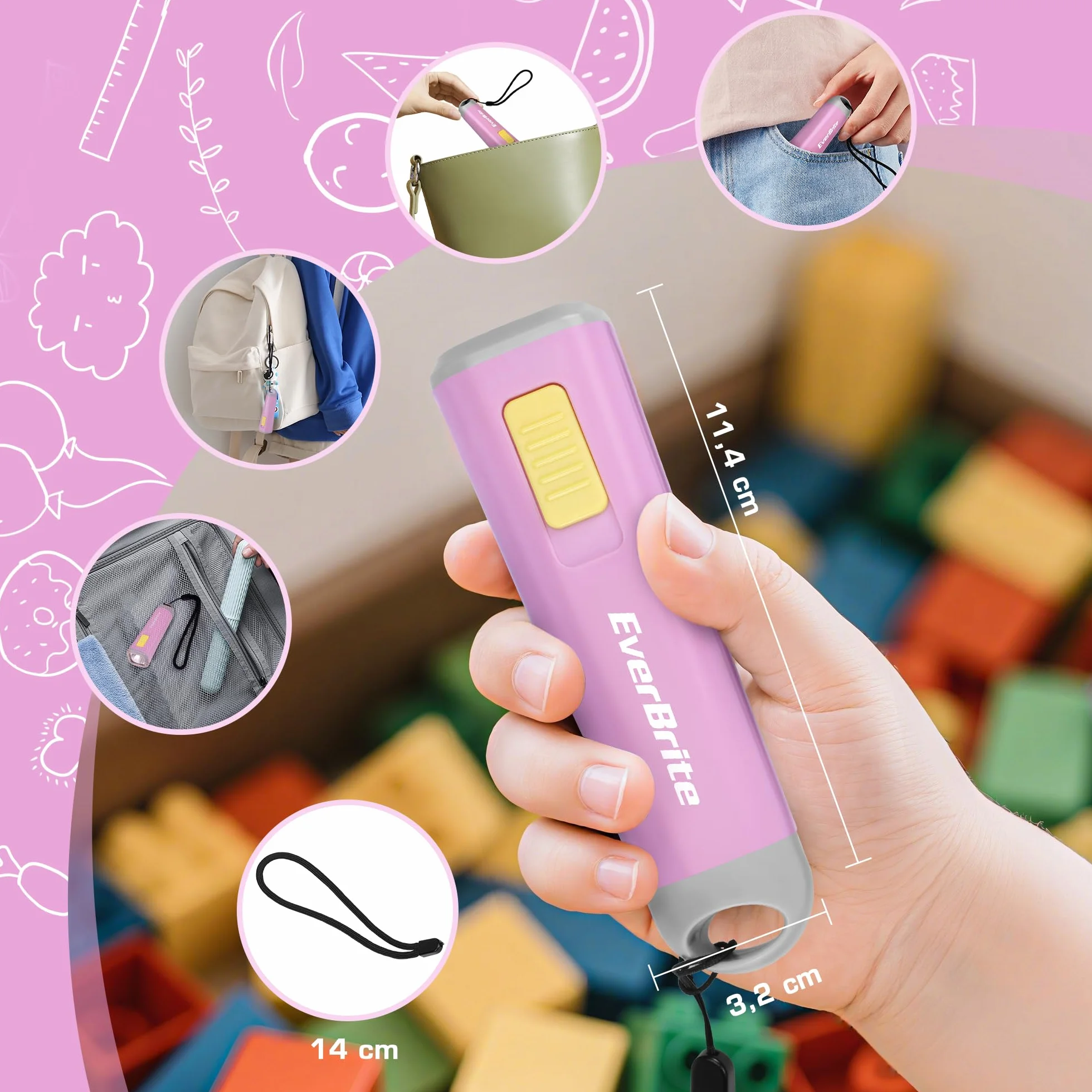 EverBrite Mini Lampe de Poche LED Rose, Lampe Torche Léger 46g Lumière Jaune, 3 Piles AAA Incluses