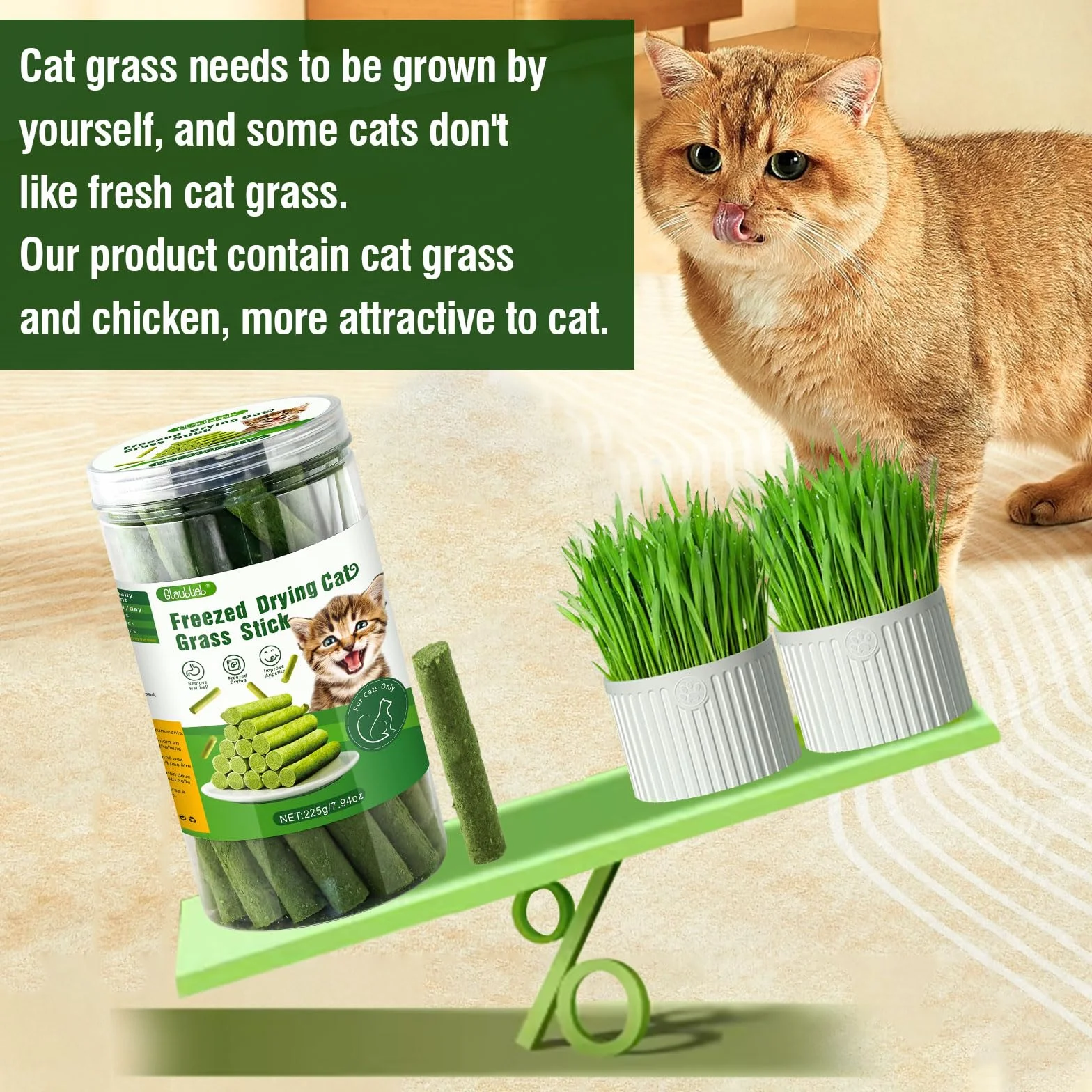 Bâton d'herbe à Chat Lyophilisé 225g, Friandises pour Chats, Nettoyage des Dents et Boules de Poils