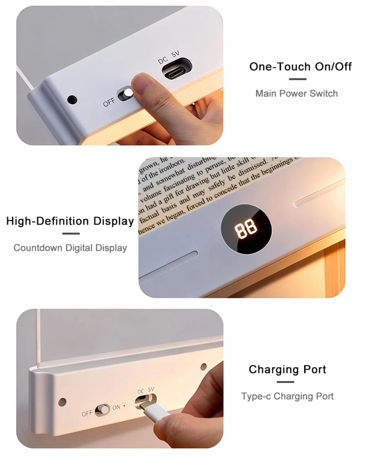 Lampe de Lecture LED Rechargeable USB-C, 3 Couleurs Minuterie, Lumière Uniforme pour Livres, Grand Blanc
