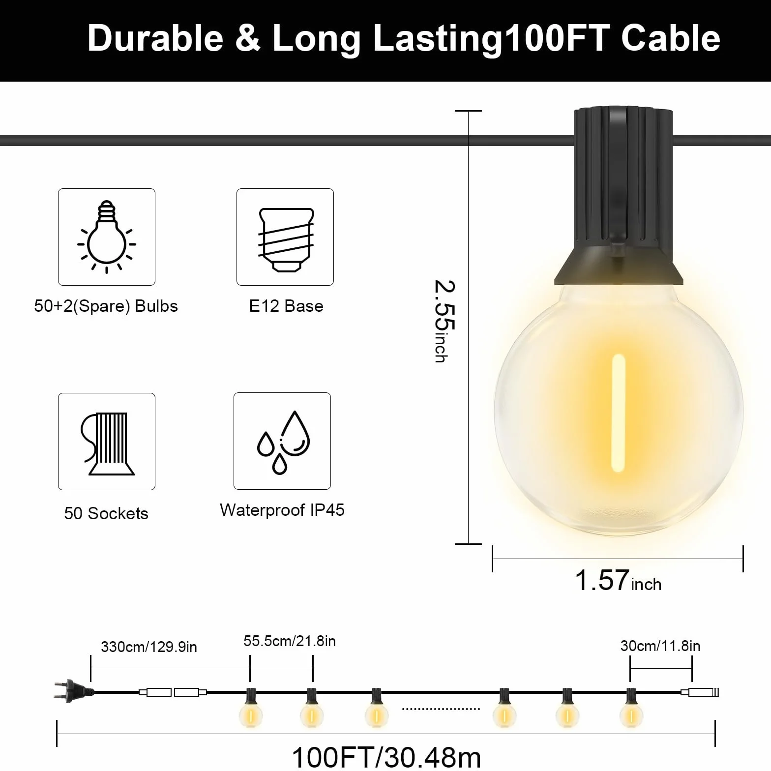 GLUROO Guirlande Lumineuse Exterieure 30M LED G40 Ampoules Imperméable Jardin