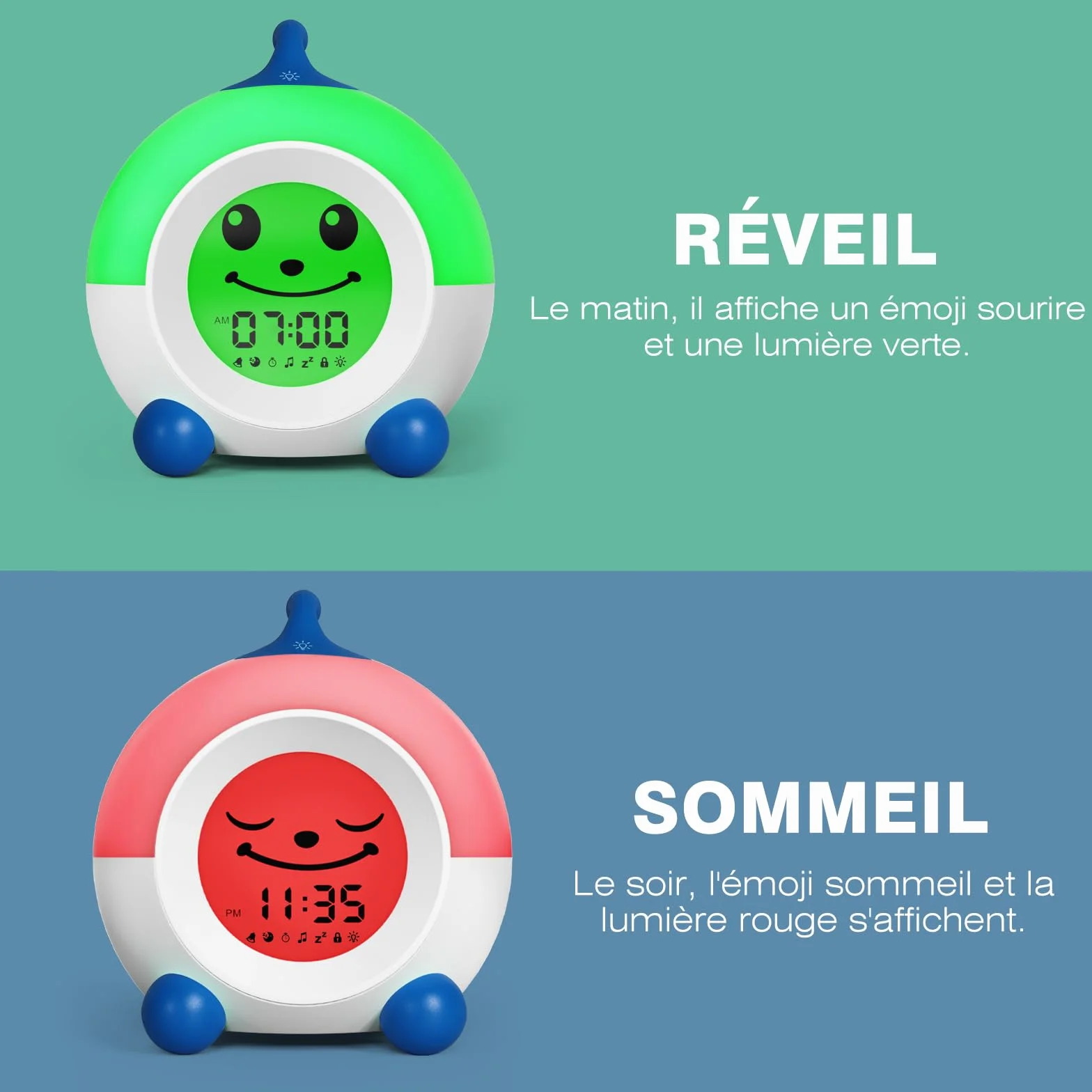 Réveil Enfant I·CODE Jour/Nuit avec Veilleuse et Minuterie d'Arrêt Automatique Bleu