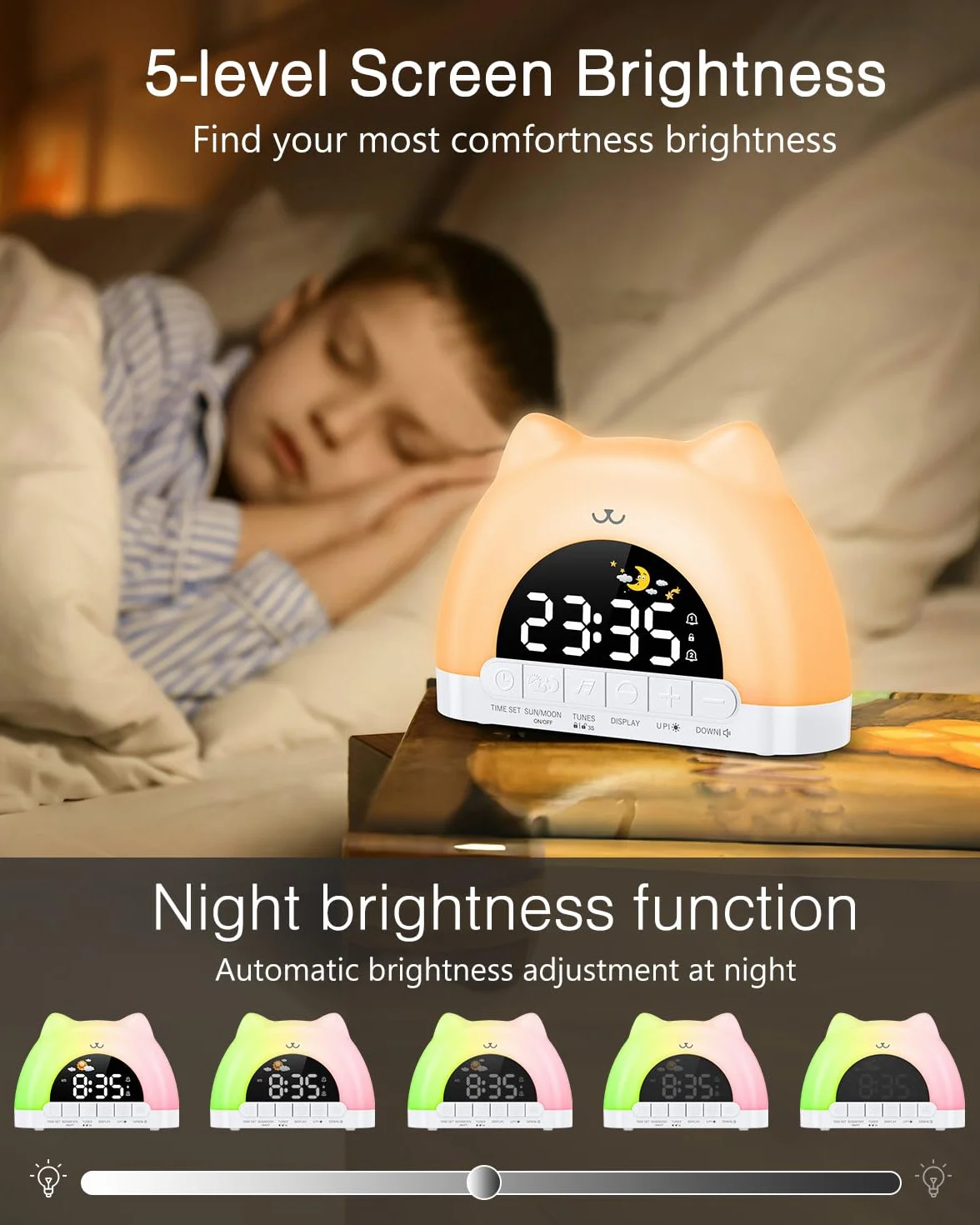 ORIA Réveil Enfant Éducatif Jour/Nuit, Réveil Numérique avec Veilleuse RGB 11 Couleurs, 10 Musiques, Double Alarme