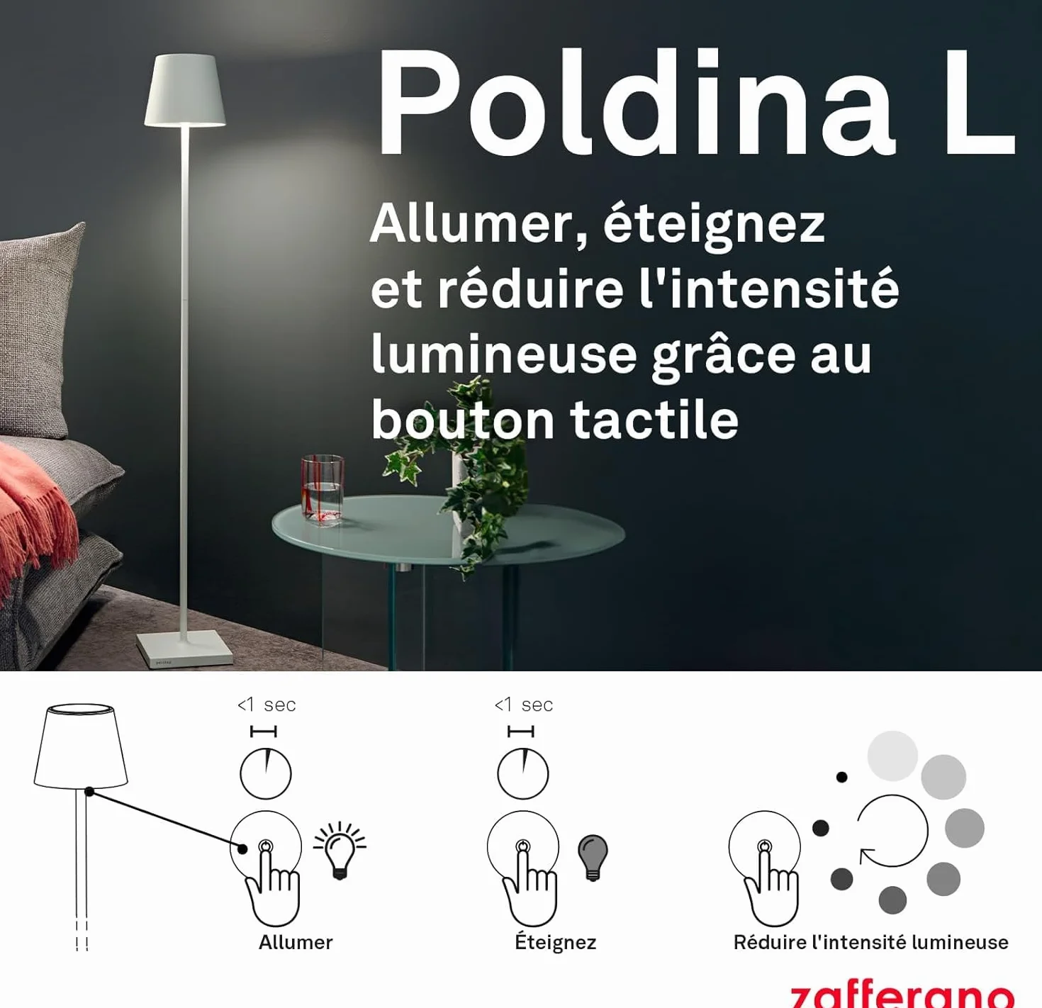 Zafferano Lampada Poldina L Lampadaire Rechargeable Sans Fil Contrôle Tactile Dimmer 2200-3000 K Hauteur Réglable 52-122 cm Couleur Corten