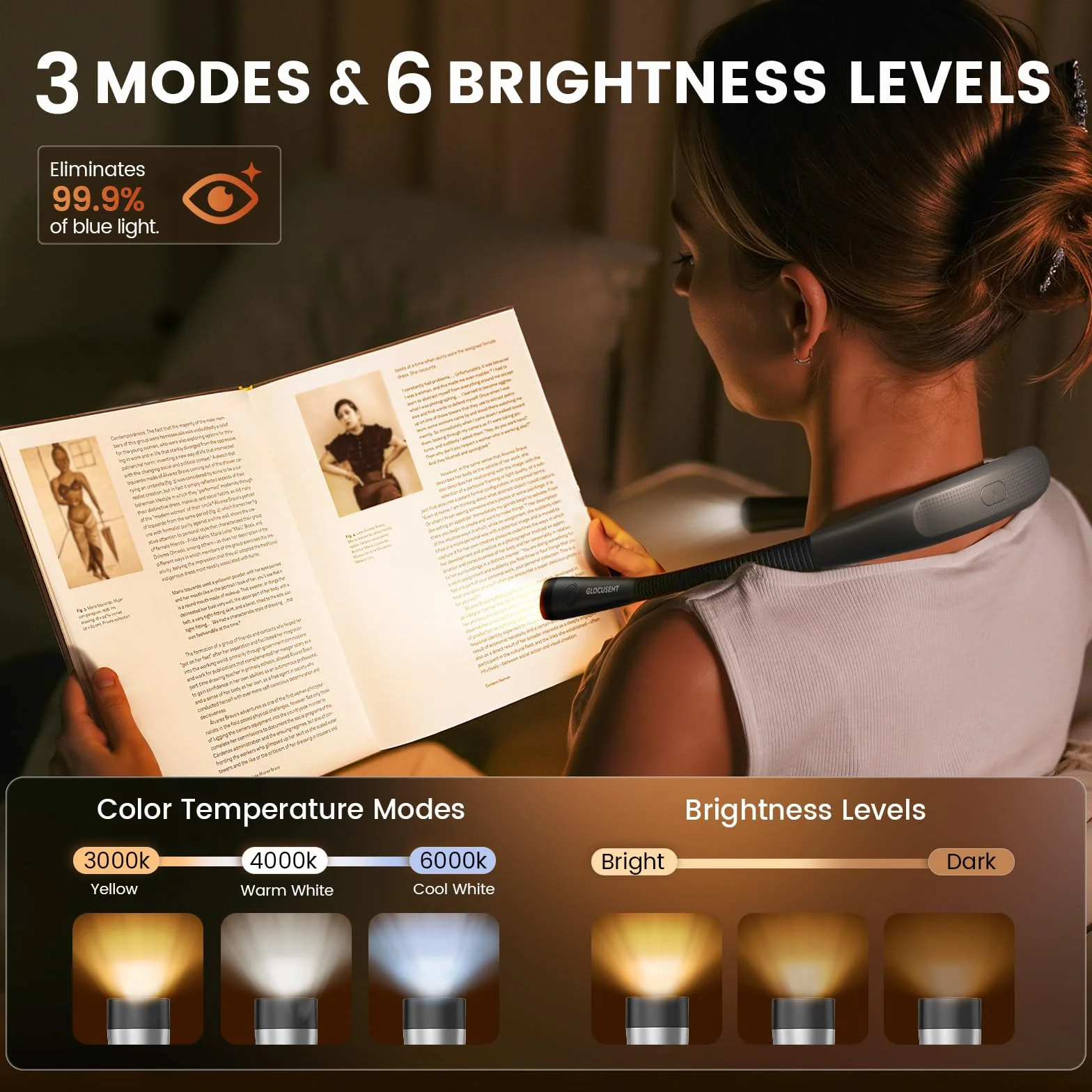 Glocusent Lampe de Lecture de Cou Rechargeable, Liseuse à Bras Pliables, 6 Niveaux de Luminosité, 3 Couleurs