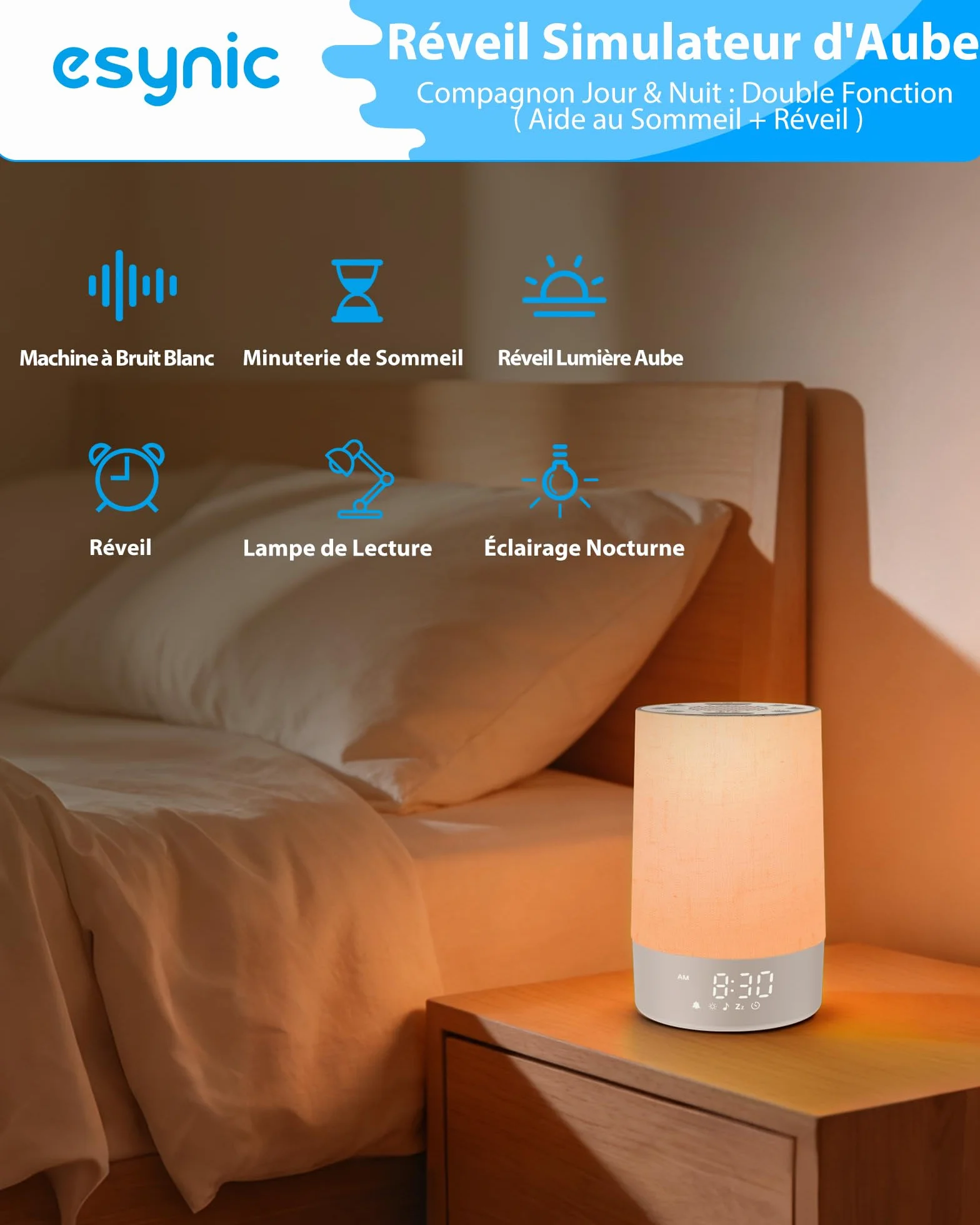 eSynic Réveil Lumineux Simulateur d'Aube 30 Sons Blanc Bruit 10 Couleurs Luminosité Volume Réglable Snooze Minuteur