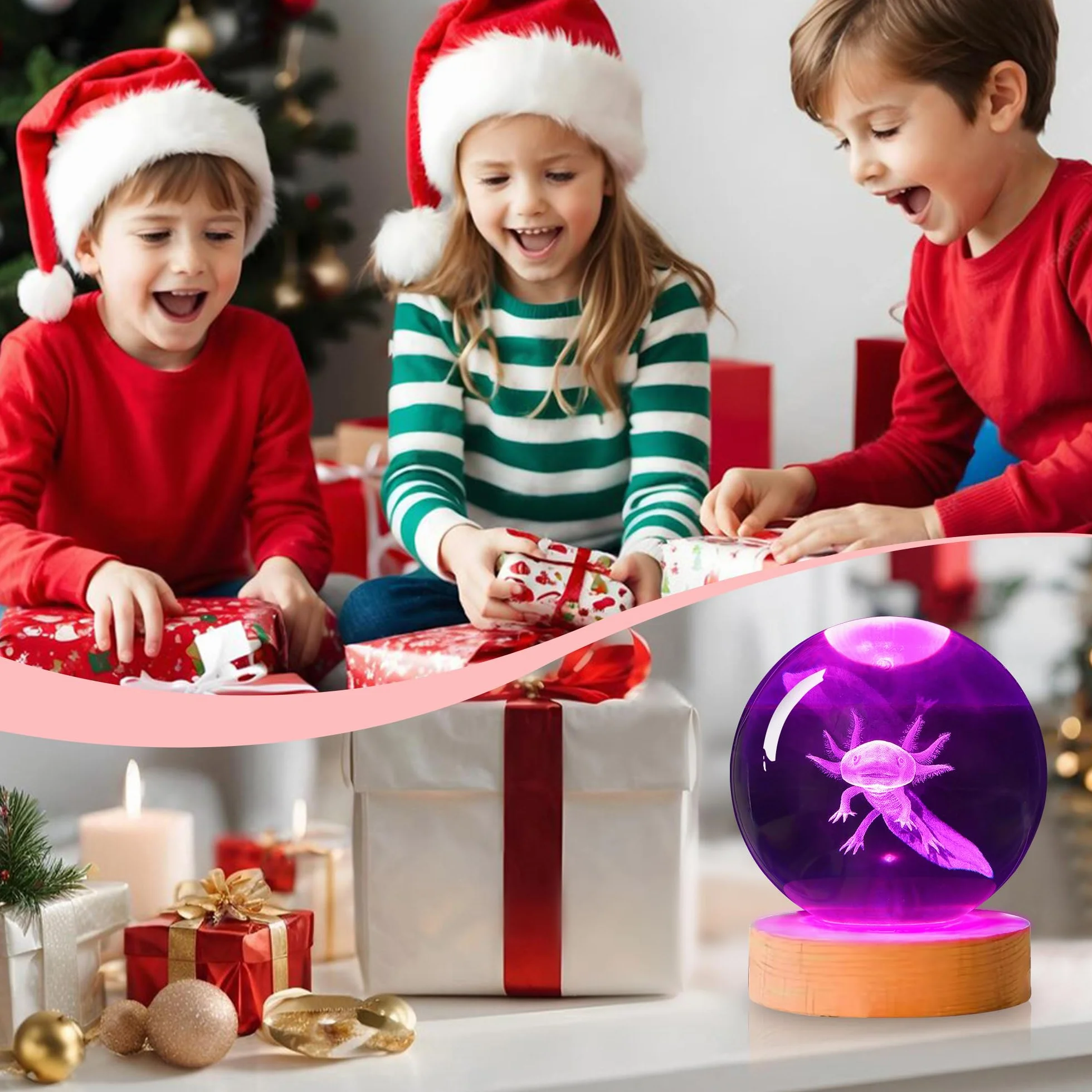 OkiyiD Veilleuse 3D Boule de Cristal Axolotl avec Télécommande, Lampe en Verre, Cadeau pour Enfants