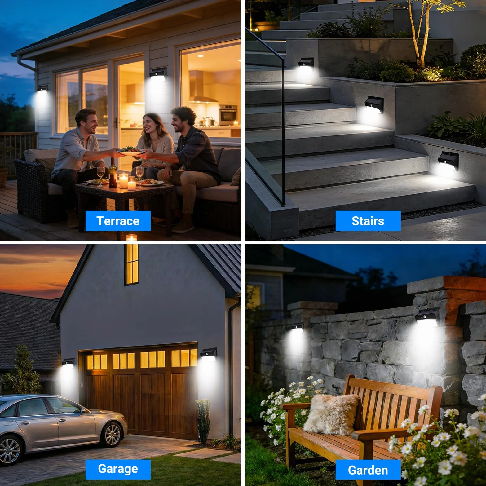Peasur Lampe Solaire Exterieur Detecteur de Mouvement Lot de 4 LED, 3 Modes Etanche Spot Solaire Jardin Murale Garage Blanc Froid