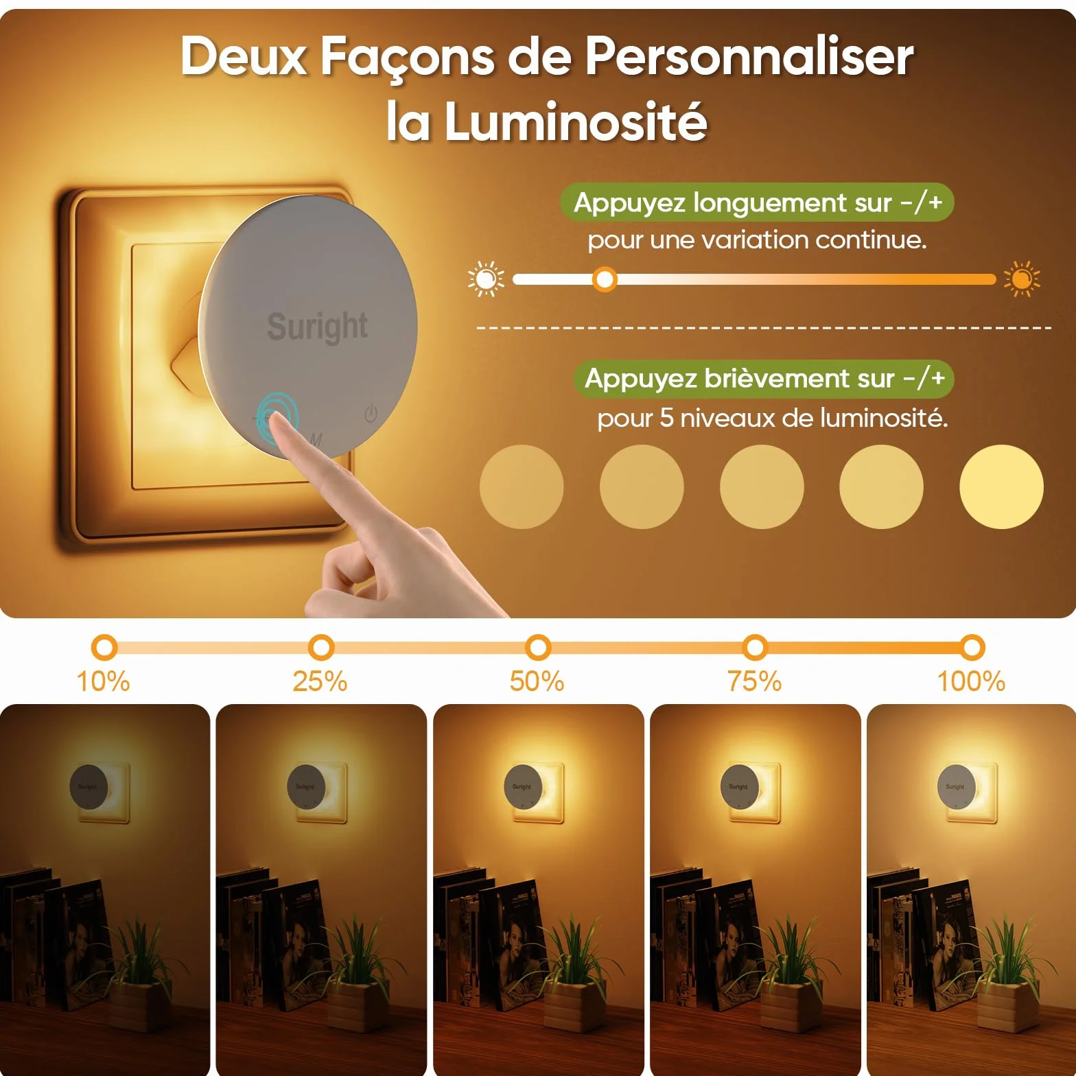 Veilleuses Prise avec Détecteur de Mouvement, Luminosité Réglable 3 Modes, Blanche Chaude, Lot de 2