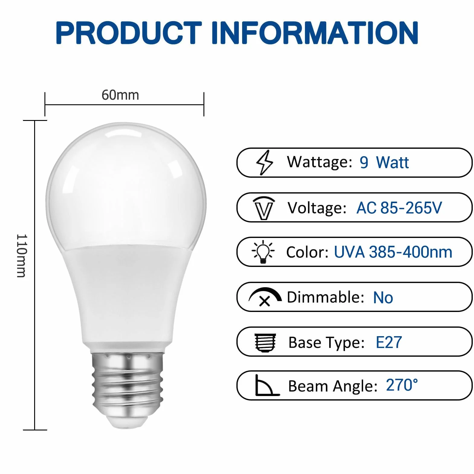 Ampoule Lumière Noire E27 LED 9W UVA 385-400nm AC 85-265V pour Fête Fluorescente Halloween, Lot de 2