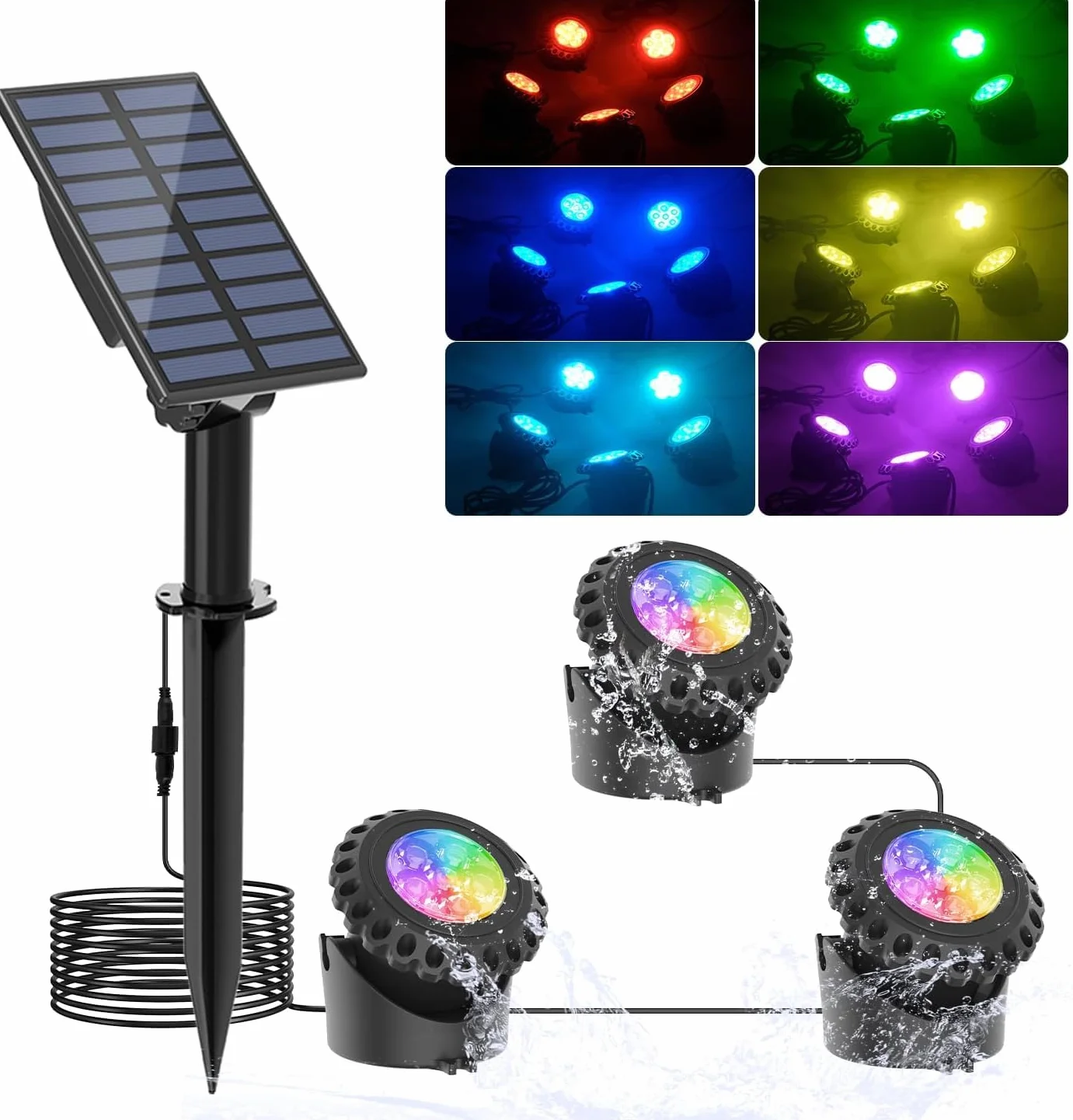 NATPOW Lampe Solaire LED Submersible IP68, 2 Modes RGB 5.5V Éclairage Piscine, 3 en 1