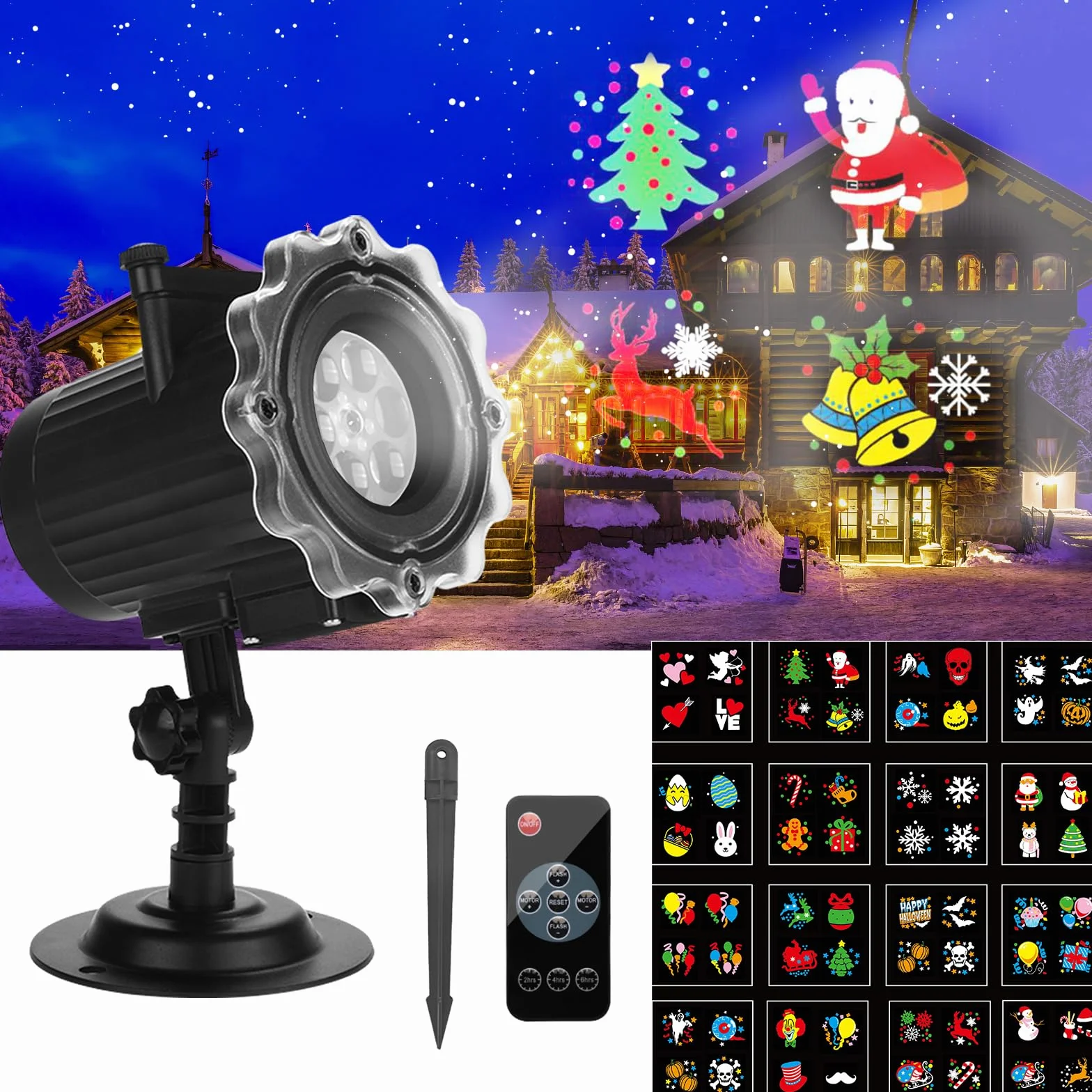 Projecteur Halloween Noël 16 Diapositives 64 Motifs Extérieur Intérieur avec Télécommande Étanche