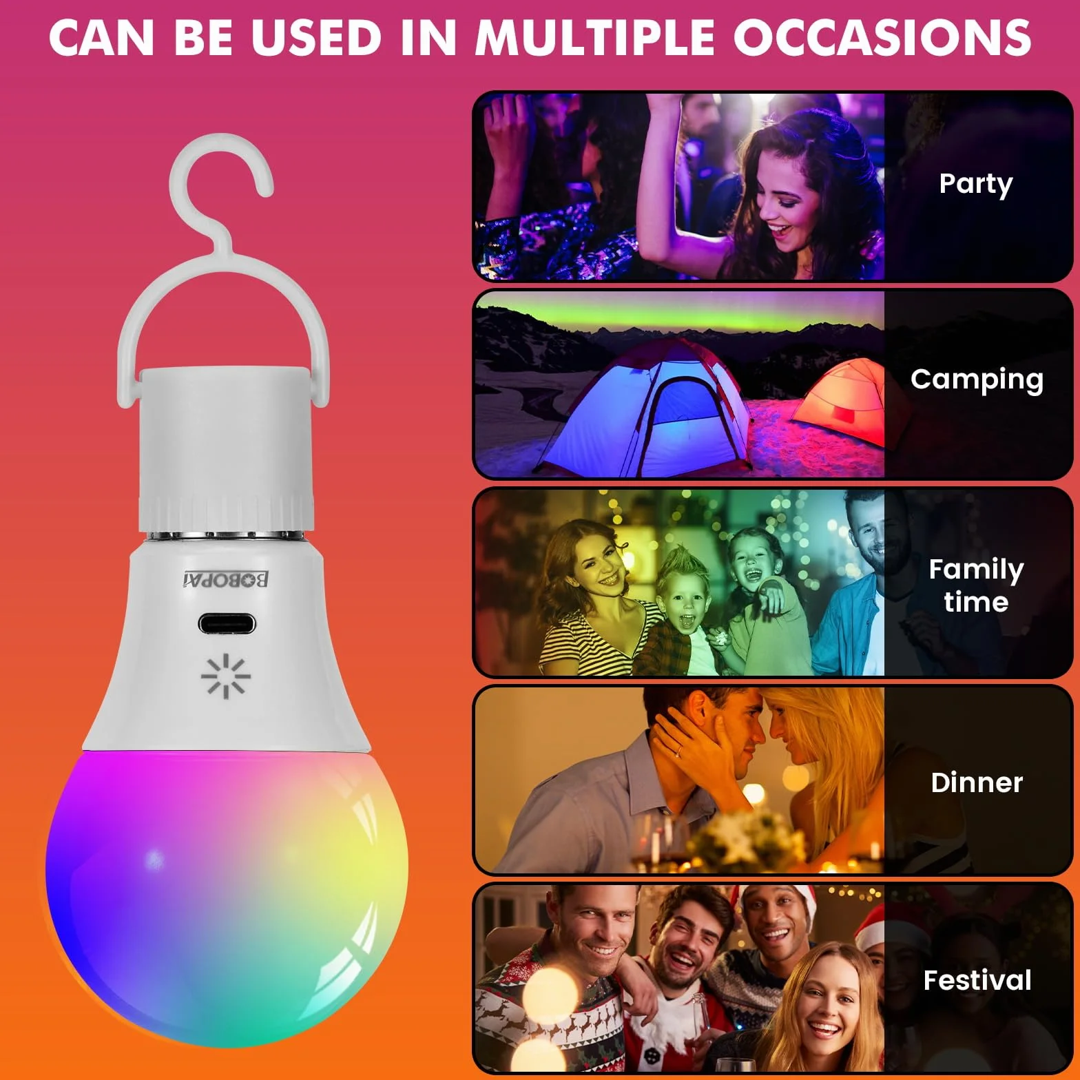 Ampoule Rechargeable USB C E27 RGB LED 9+3 Températures de Couleur Dimmable Touch Control 2600mAh 8W A19 2 Pack
