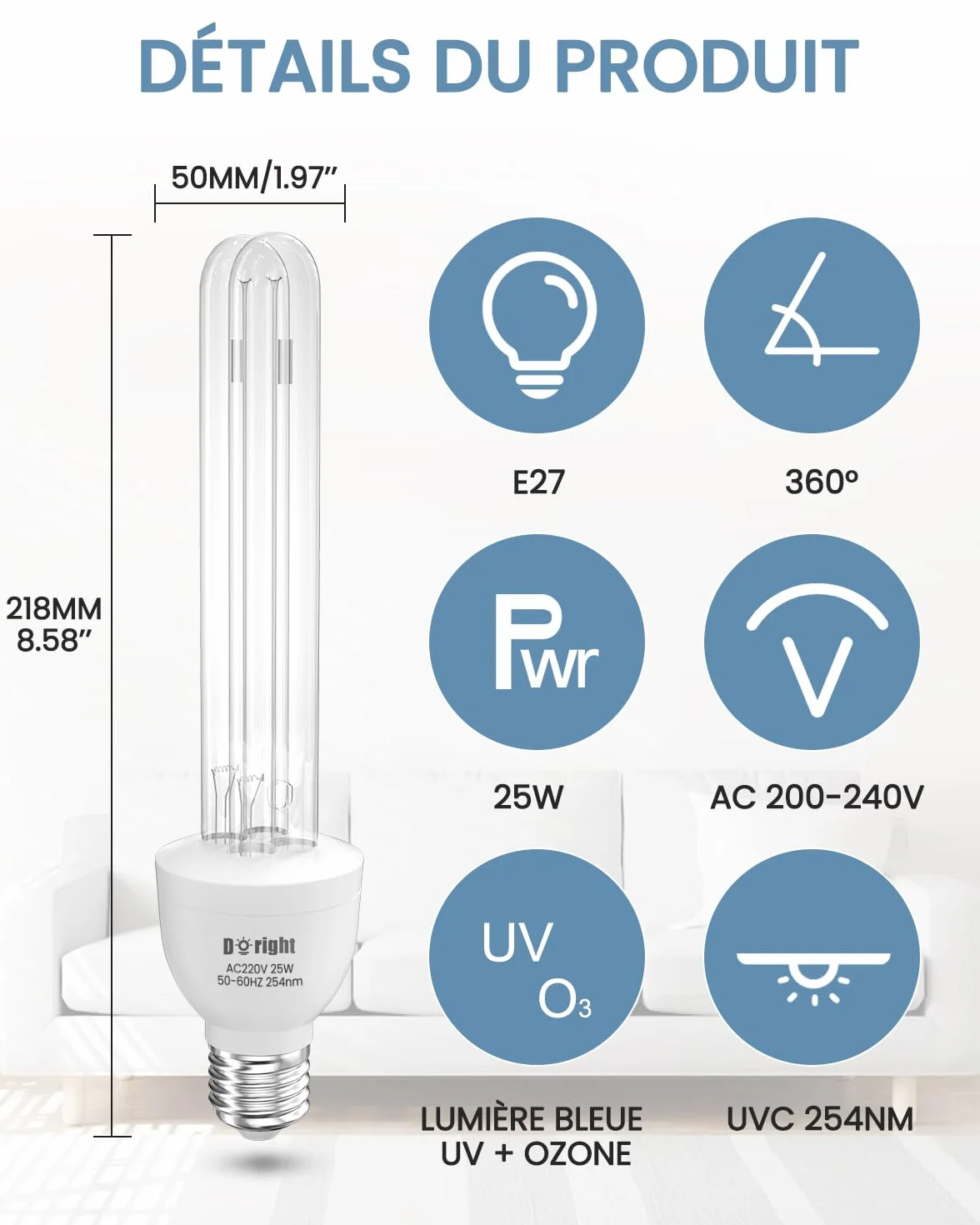 DoRight 2 Pièces Lampe UV Germicide UVC 25W E27 Ozone 254nm AC220-240V