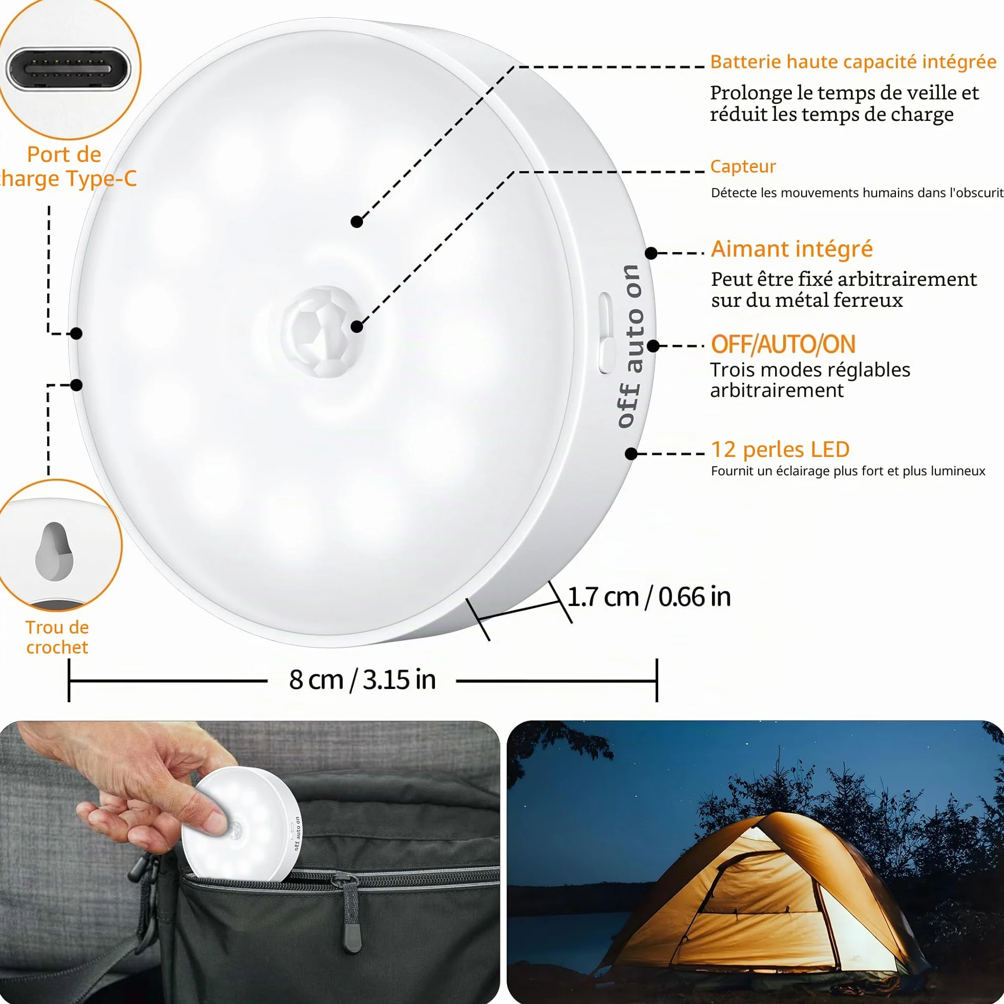 daphomeu Lot de 6 veilleuses LED rechargeables USB avec détecteur de mouvement, 3 modes d'éclairage pour escalier, couloir, chambre, cuisine