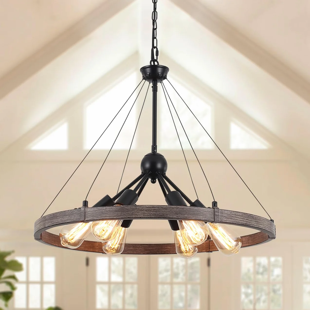 Lustre Industriel En Roue De Chariot, 6 Lumières Suspension Industrielle Noir Luminaire Plafonnier Vintage Lustre Industrial Pour Salon Cuisine Couloir Chambre à Coucher, Réglable En Hauteur