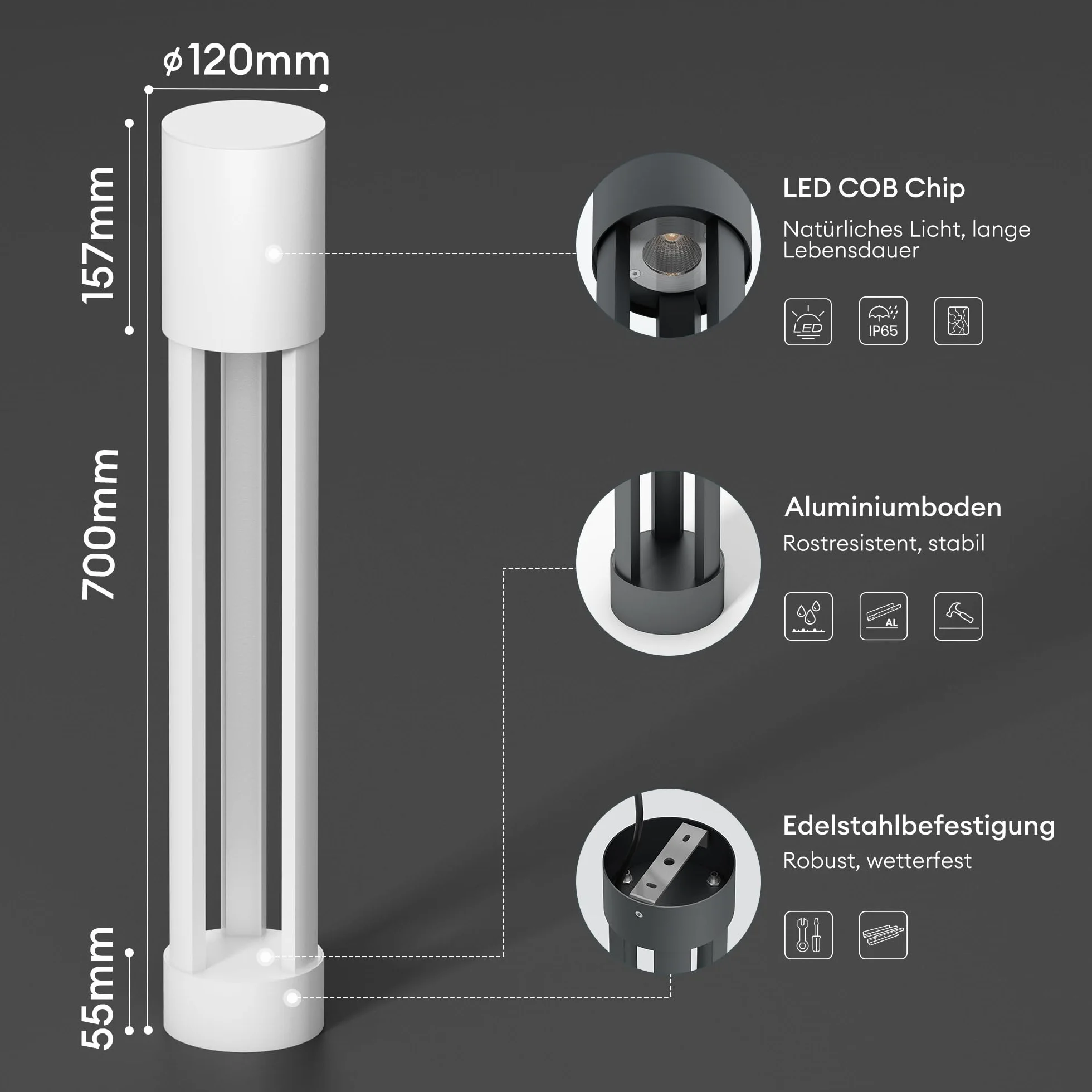 Lampe sur Pied Extérieur LED IP65 120x700mm Blanc Mai & Mai