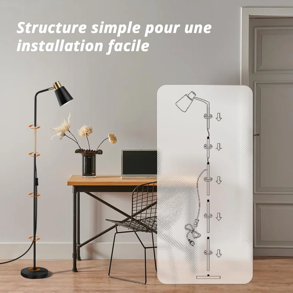 Lampadaire Industriel Rétro E27 146cm 230V Métal Noir OUSFOT