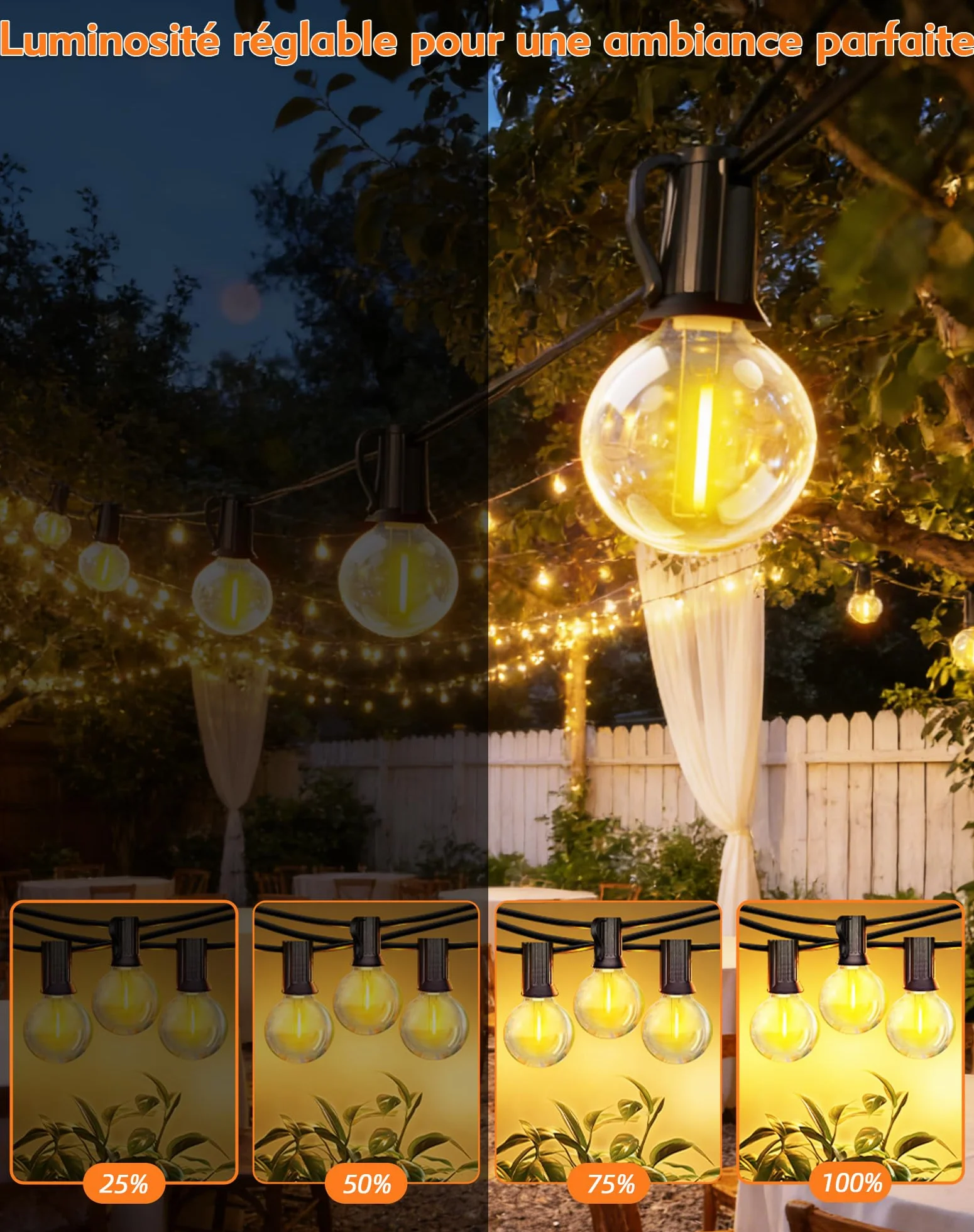 Guirlande Lumineuse Exterieure Solaire LED 10M 15+1 G40 Ampoules 8 Modes IP44 Télécommande