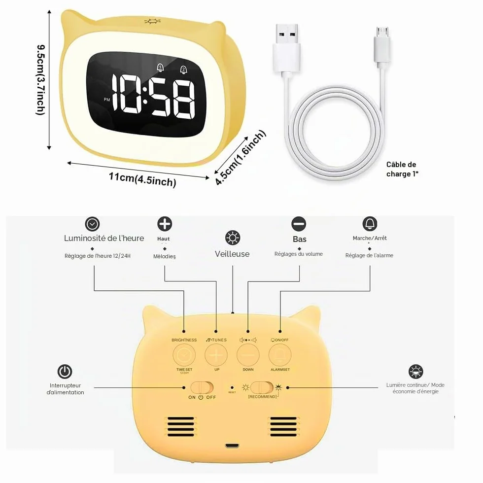 Réveil Enfant Éducatif avec Veilleuse Chat, Lampe Chevet Snooze, 5 Couleurs, 18 Musiques (Jaune)