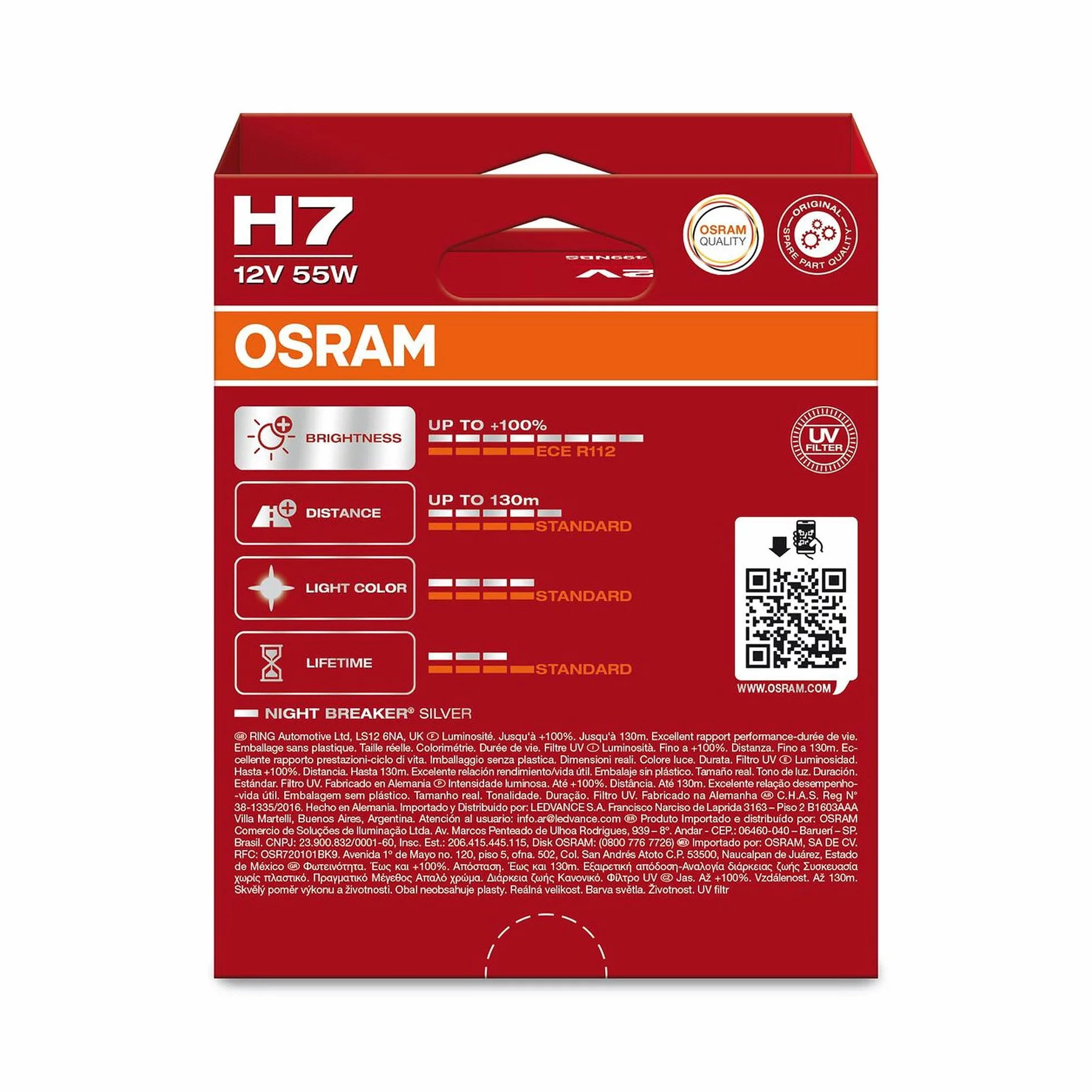 Osram Night Breaker Silver H7 12V 55W Halogène Ampoules Set 2 Pièces