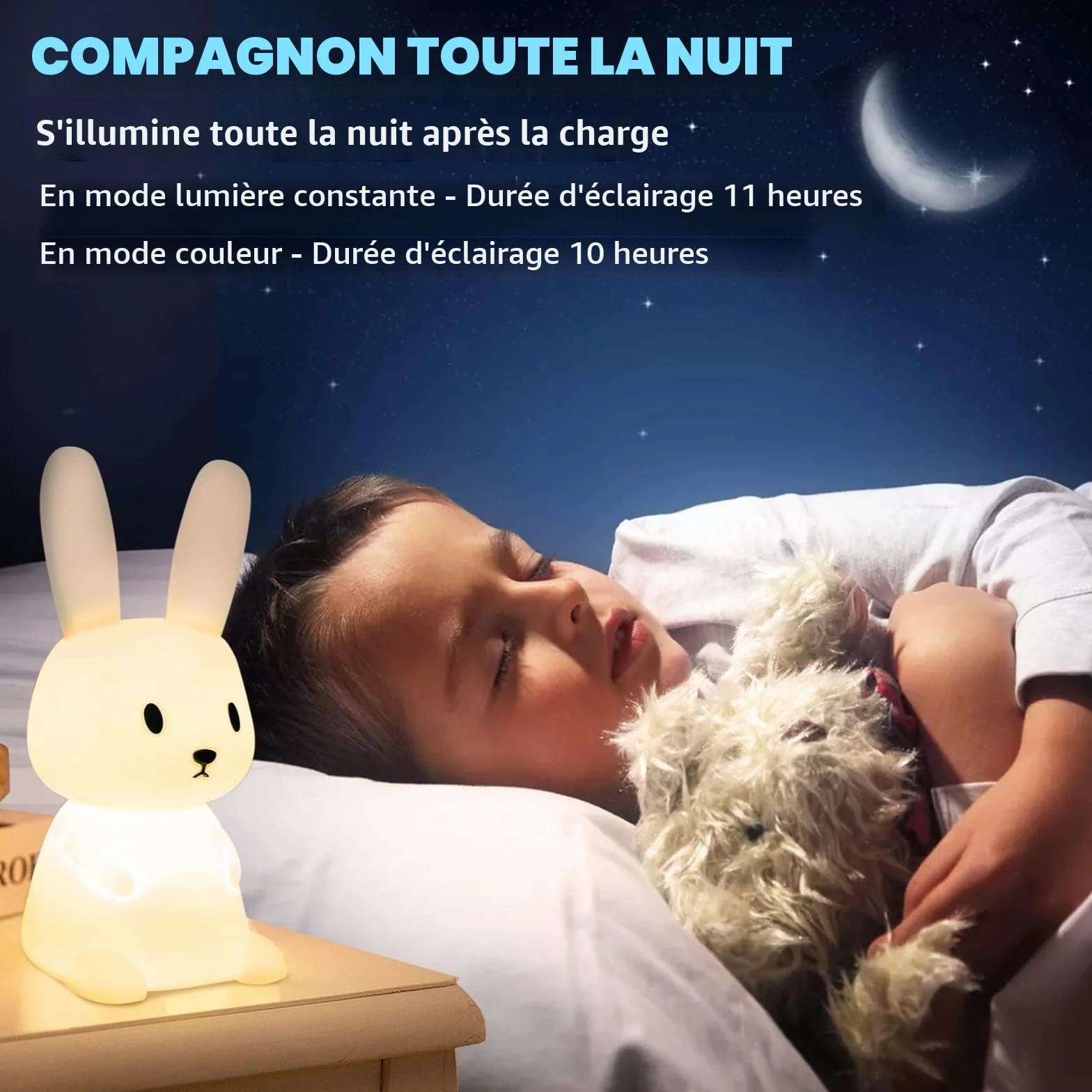 SOLIDEE Veilleuse Bebe Bunny 7 Changements de Lumière Recharge USB Minuterie Lampe de Chevet Silicone Enfant