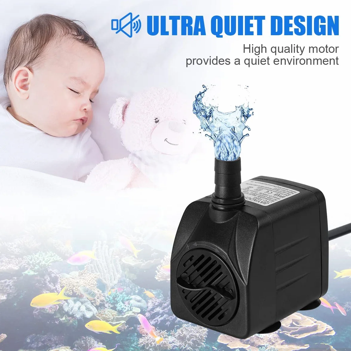 Pompe Eau Submersible 10W 600L/H Ultra-Silencieux Aquarium avec 4 Pieds de Ventouses 2 Buses