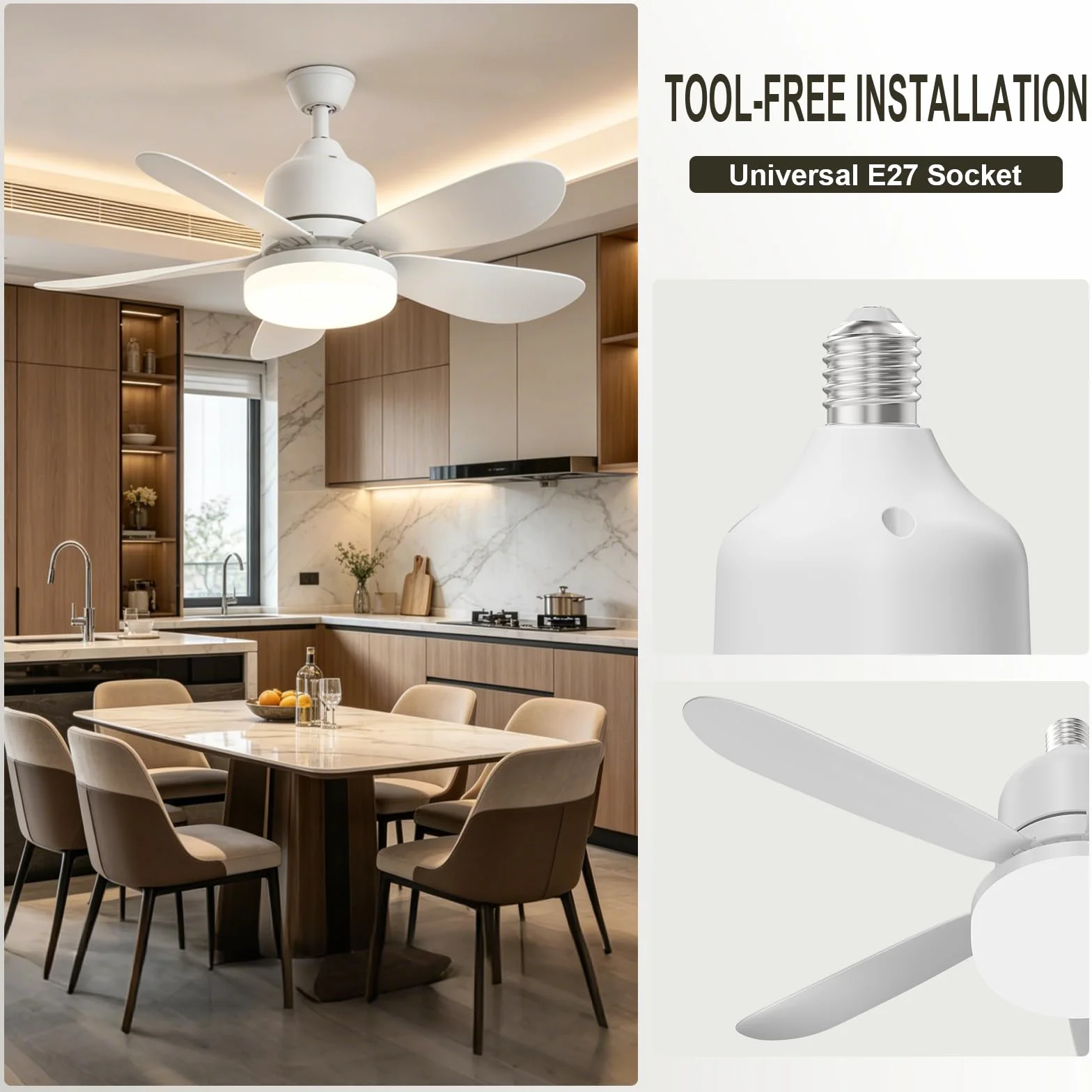 Ventilateur de Plafond 52CM avec Lumière LED E27 et Télécommande, 3 Vitesses 3 Couleurs, Silencieux pour Salon Chambre (Blanc + B22)