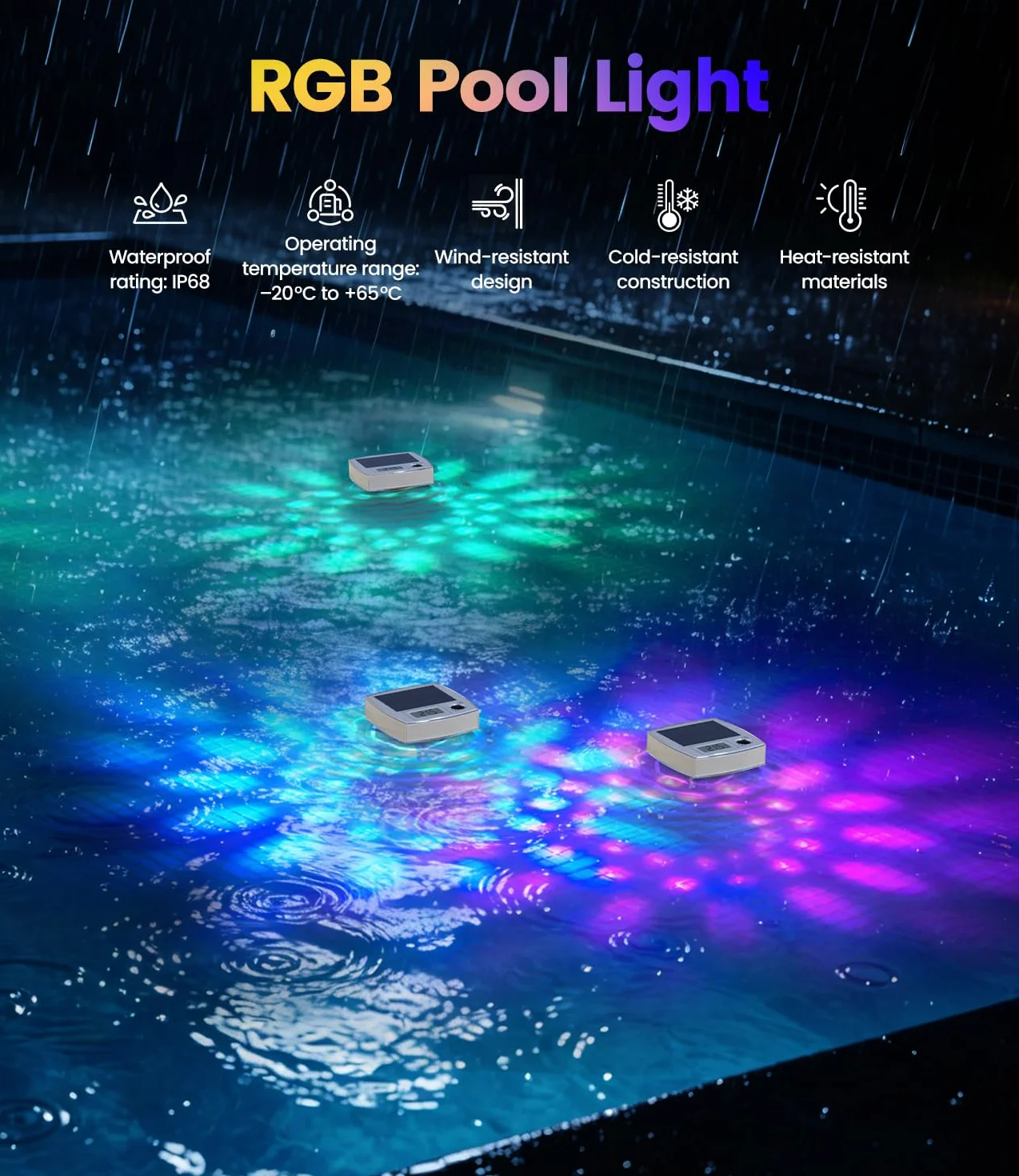 Thermomètre de Piscine Lumineux RGB 2 en 1 Flottant Sans Fil LED 7 Couleurs Écran LCD IP68 Solaire