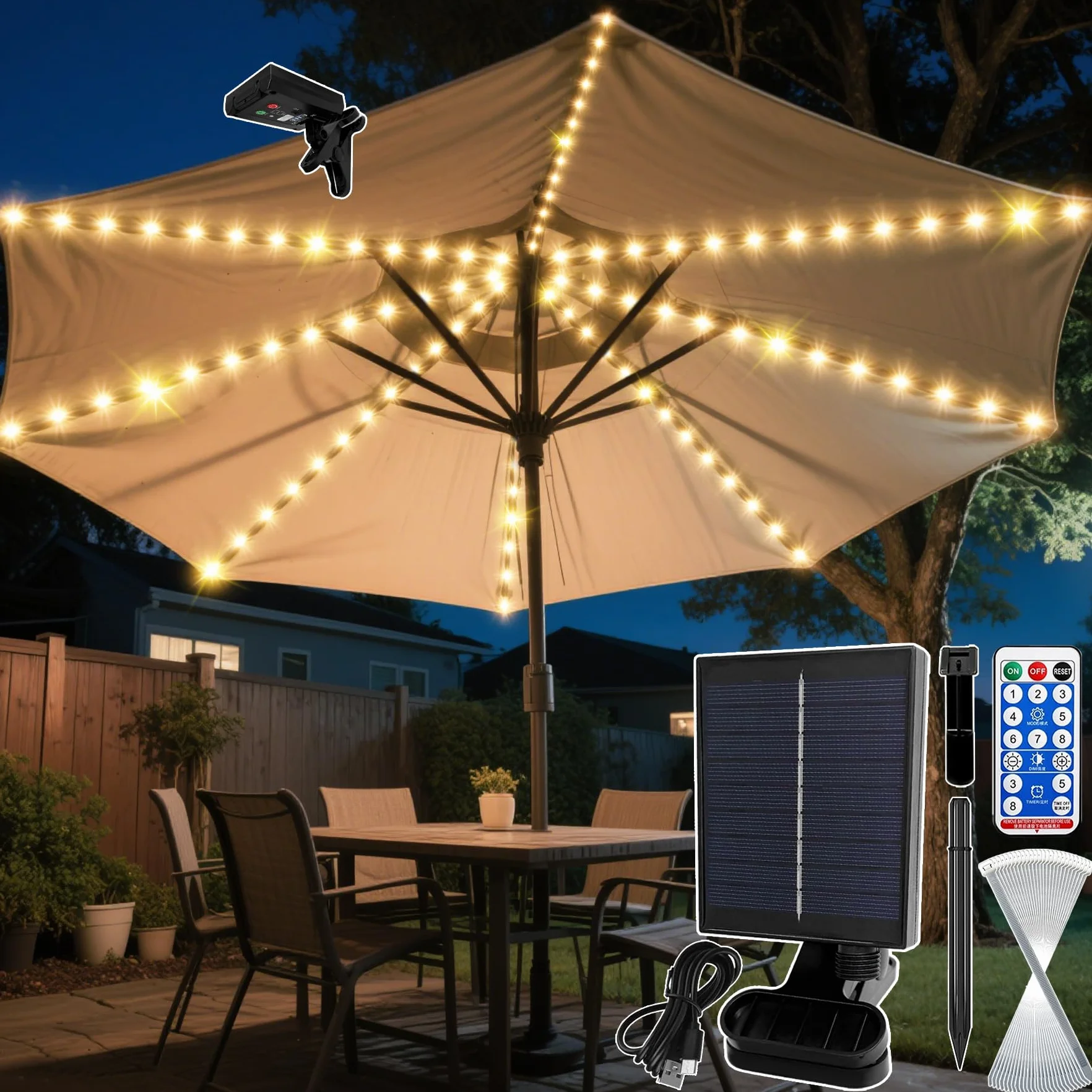 VEEKAY Lumières Solaires De Parapluie 104 LED 8 Modes Avec Télécommande